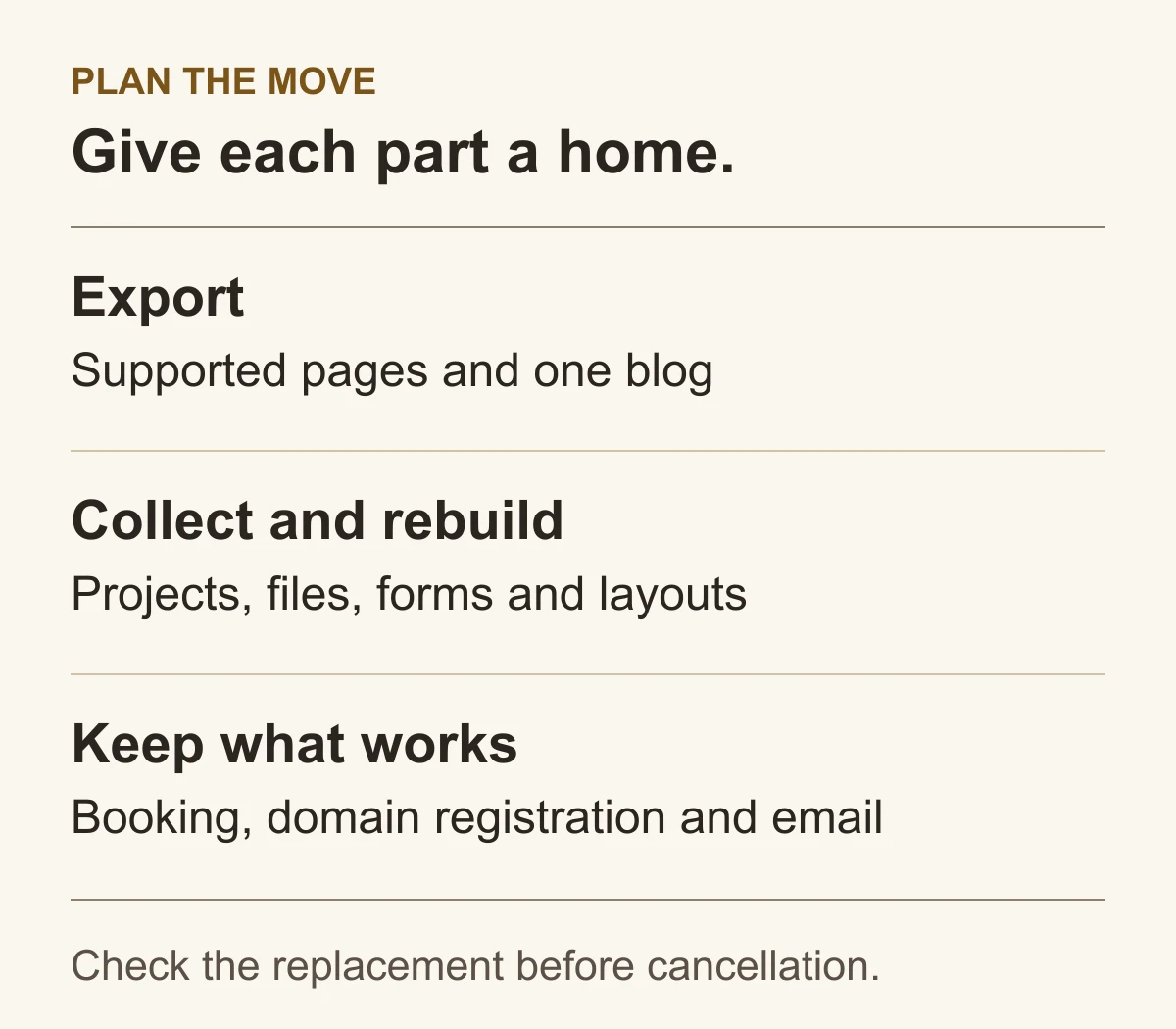 Plan the move in three groups: export supported content, collect and rebuild the remaining website material, and keep working services such as booking, domain registration and email.