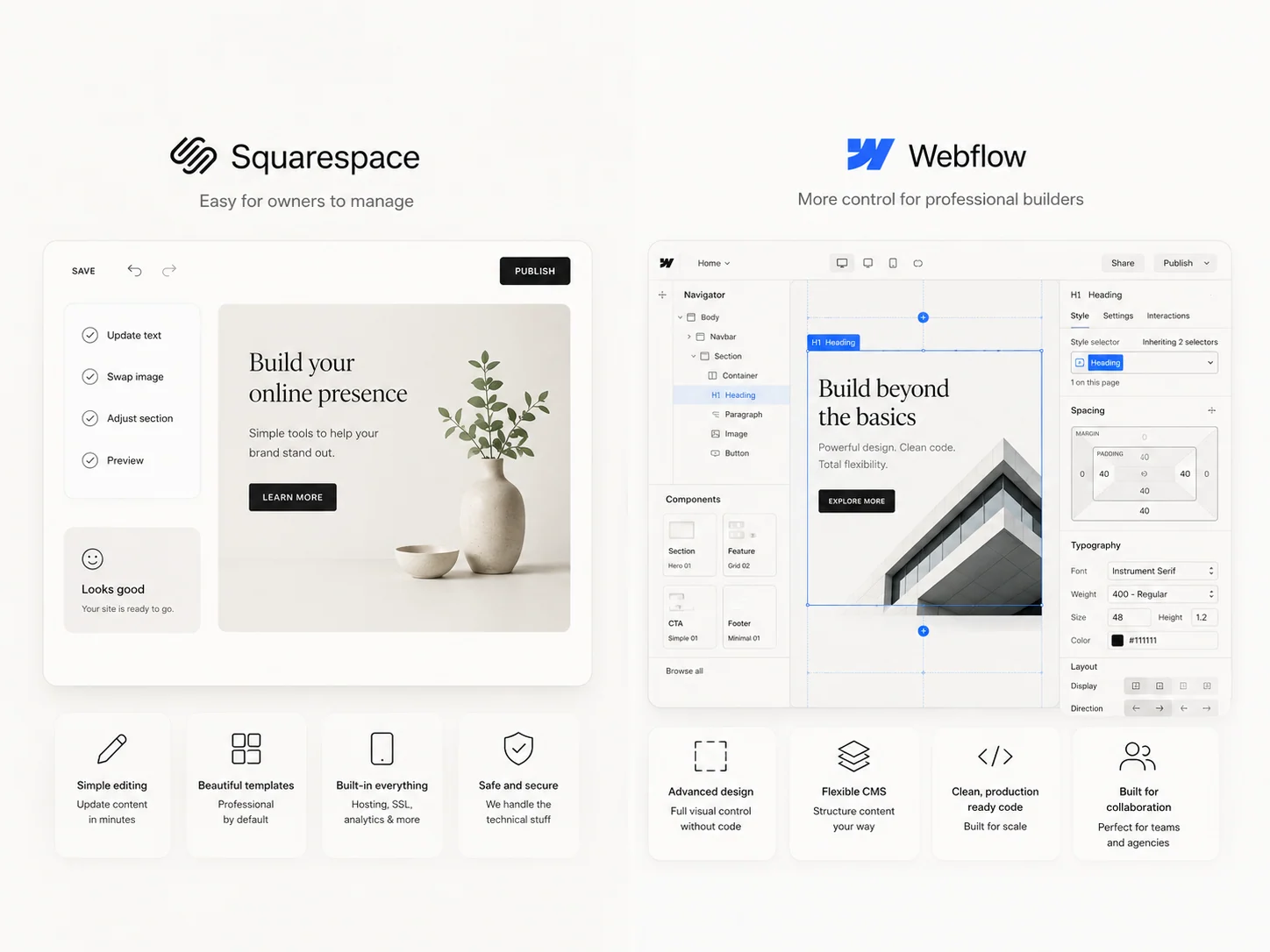 Owner-friendly Squarespace editing compared with professional Webflow design controls