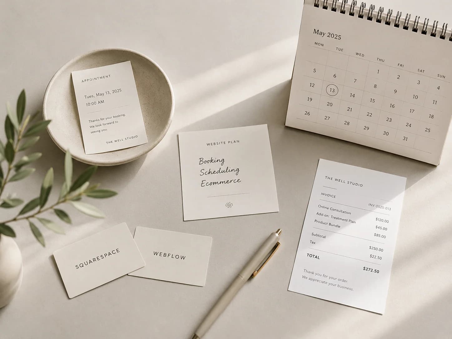 Service business planning desk showing booking, scheduling, and ecommerce considerations for Squarespace and Webflow