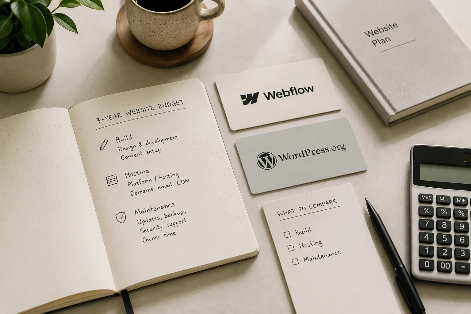Website planning desk with Webflow and WordPress.org cost notes for build, hosting, and maintenance
