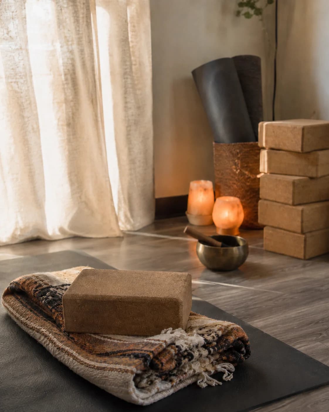 A quiet yoga studio detail with mat, blanket, blocks, singing bowl, and candles in window light, the real-room texture that supports a yoga studio's website in filling classes once the first-visit path delivers a prospective student to the door.