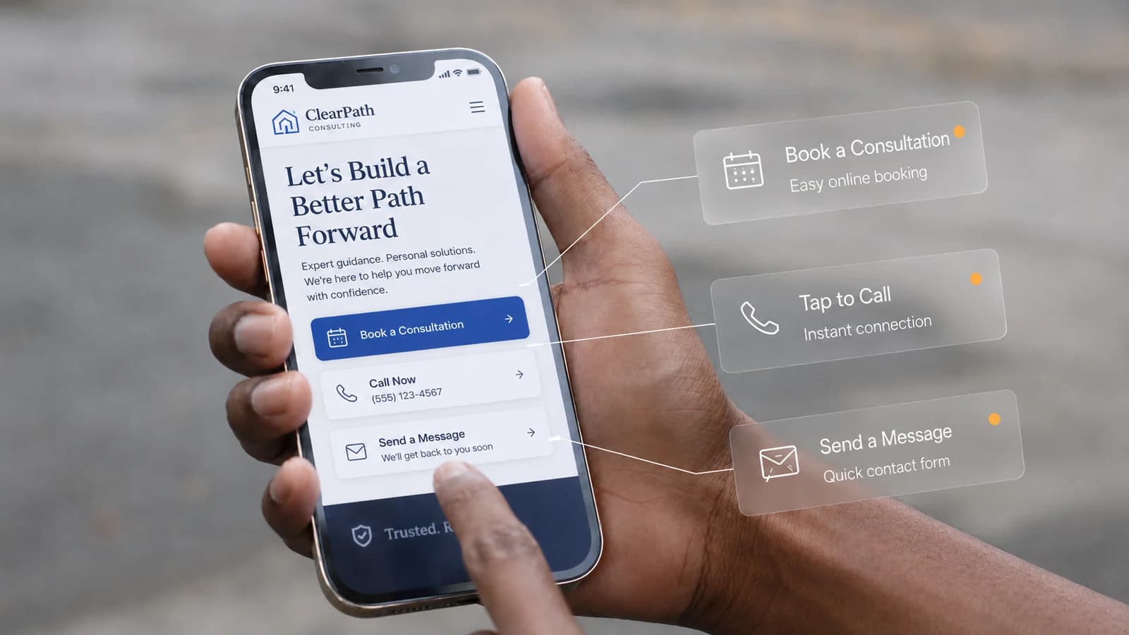 Person testing a mobile website contact path with booking, tap-to-call, and message options highlighted.