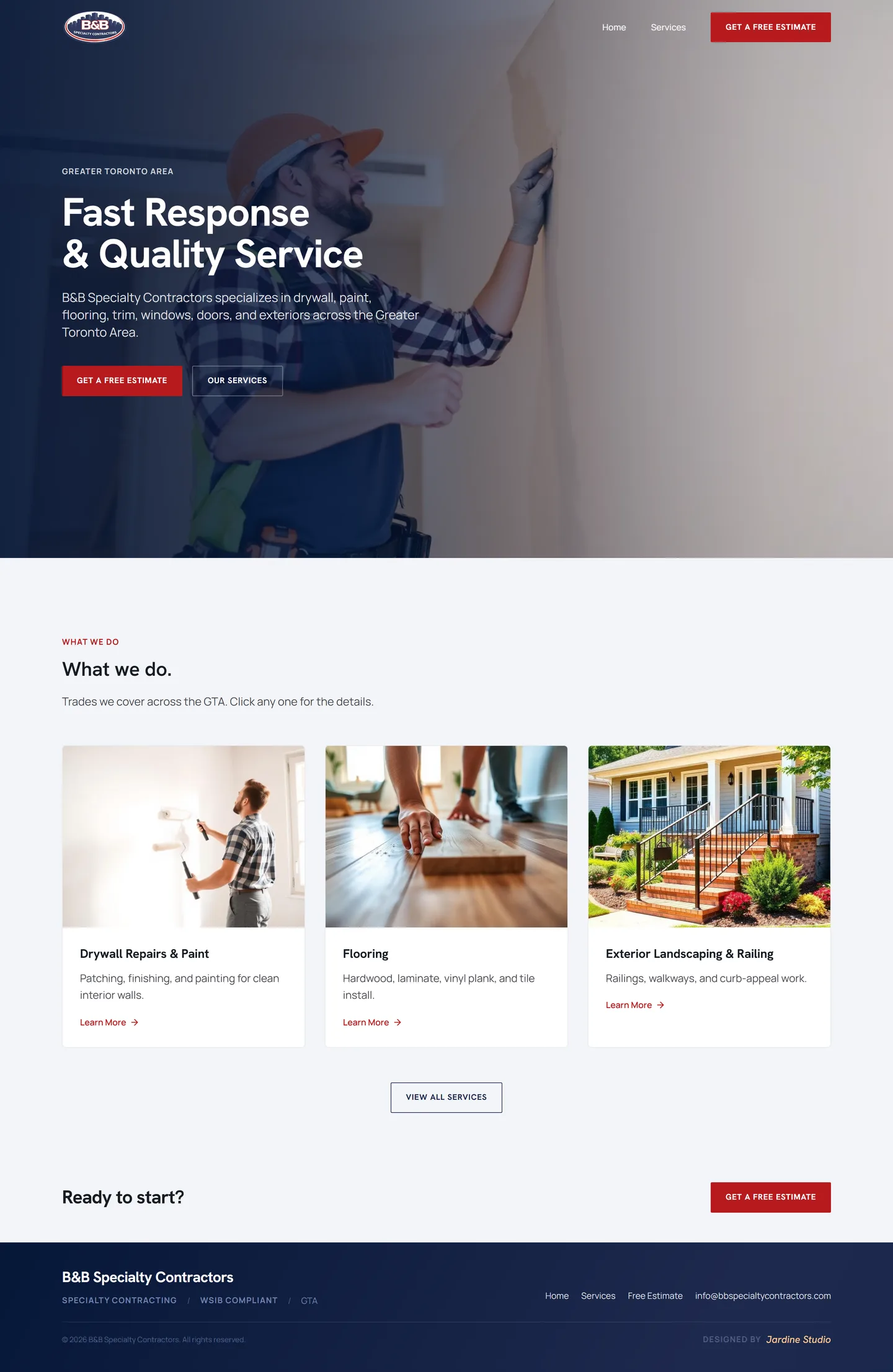 B&B homepage with a contractor at work, the Greater Toronto Area service area and a free-estimate action.