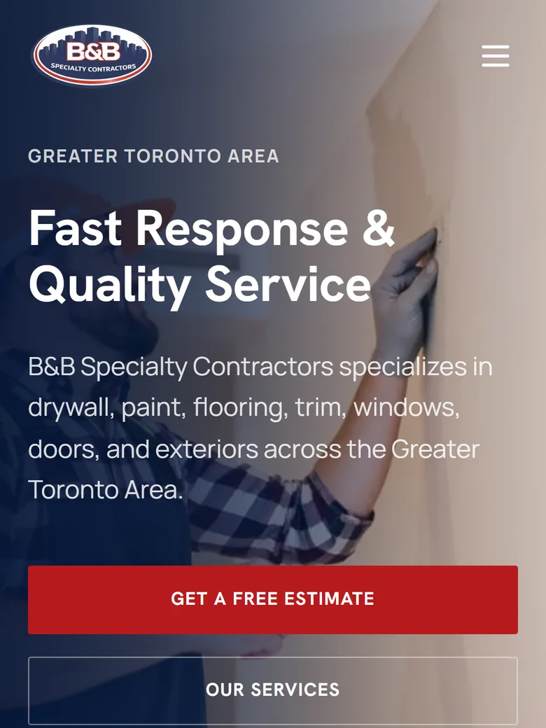 Mobile capture of the B&B Specialty Contractors homepage with the contractor offer, service cards, and estimate actions in a single-column layout.