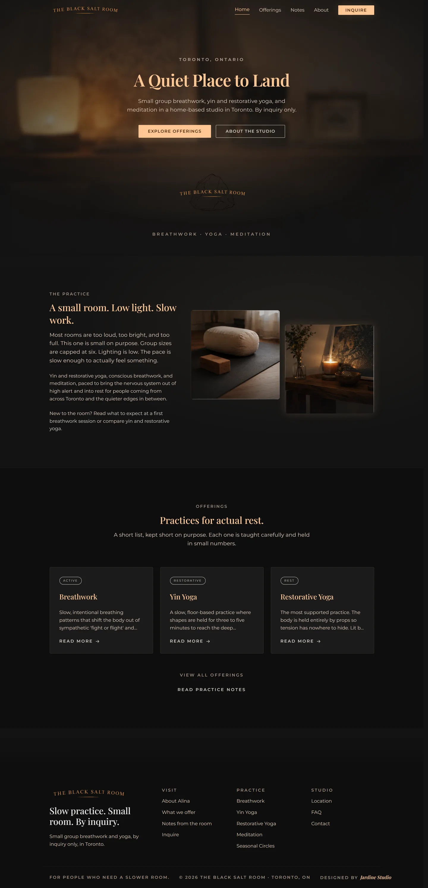 The Black Salt Room homepage, with warm amber typography over a dark atmospheric background.