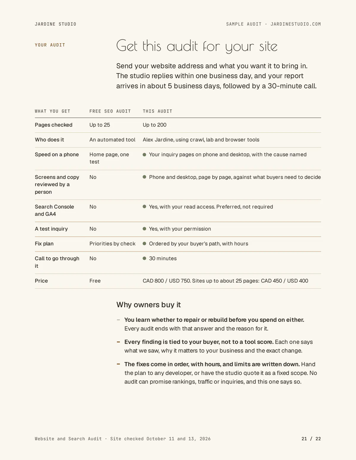 Offer page of the sample audit comparing the free check with this audit