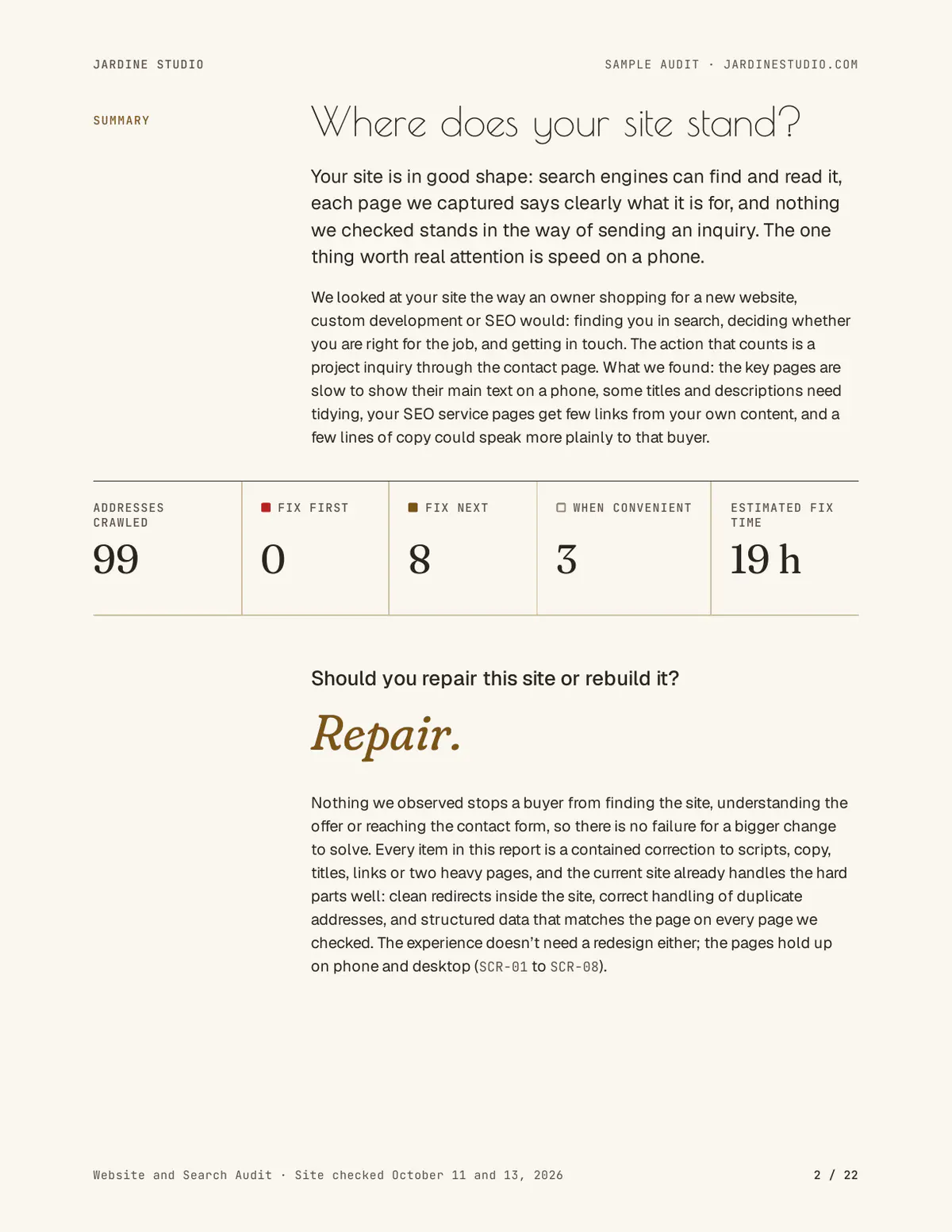 Summary page of the sample audit, including the repair verdict