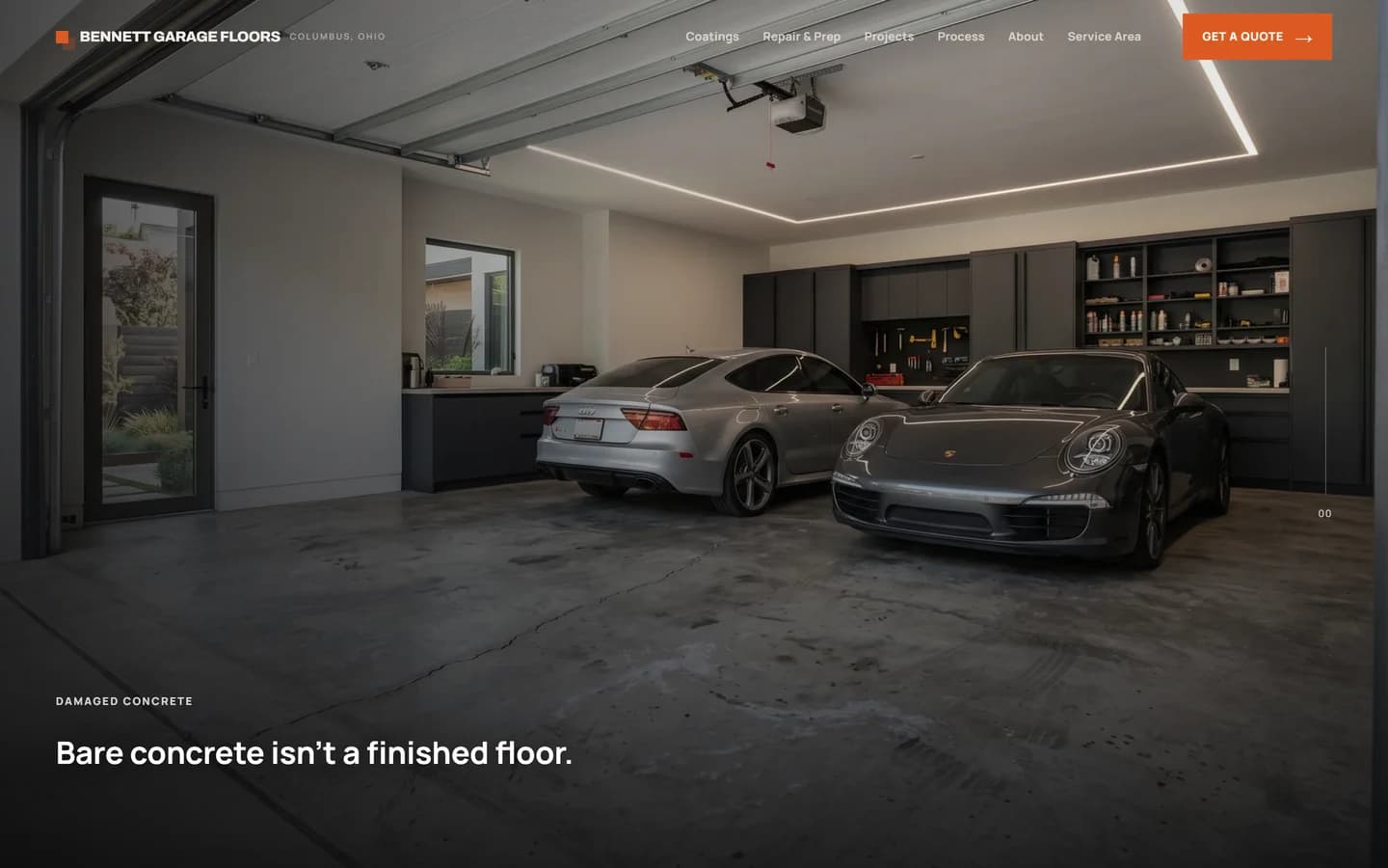 Bennett Garage Floors homepage showing a dark residential garage