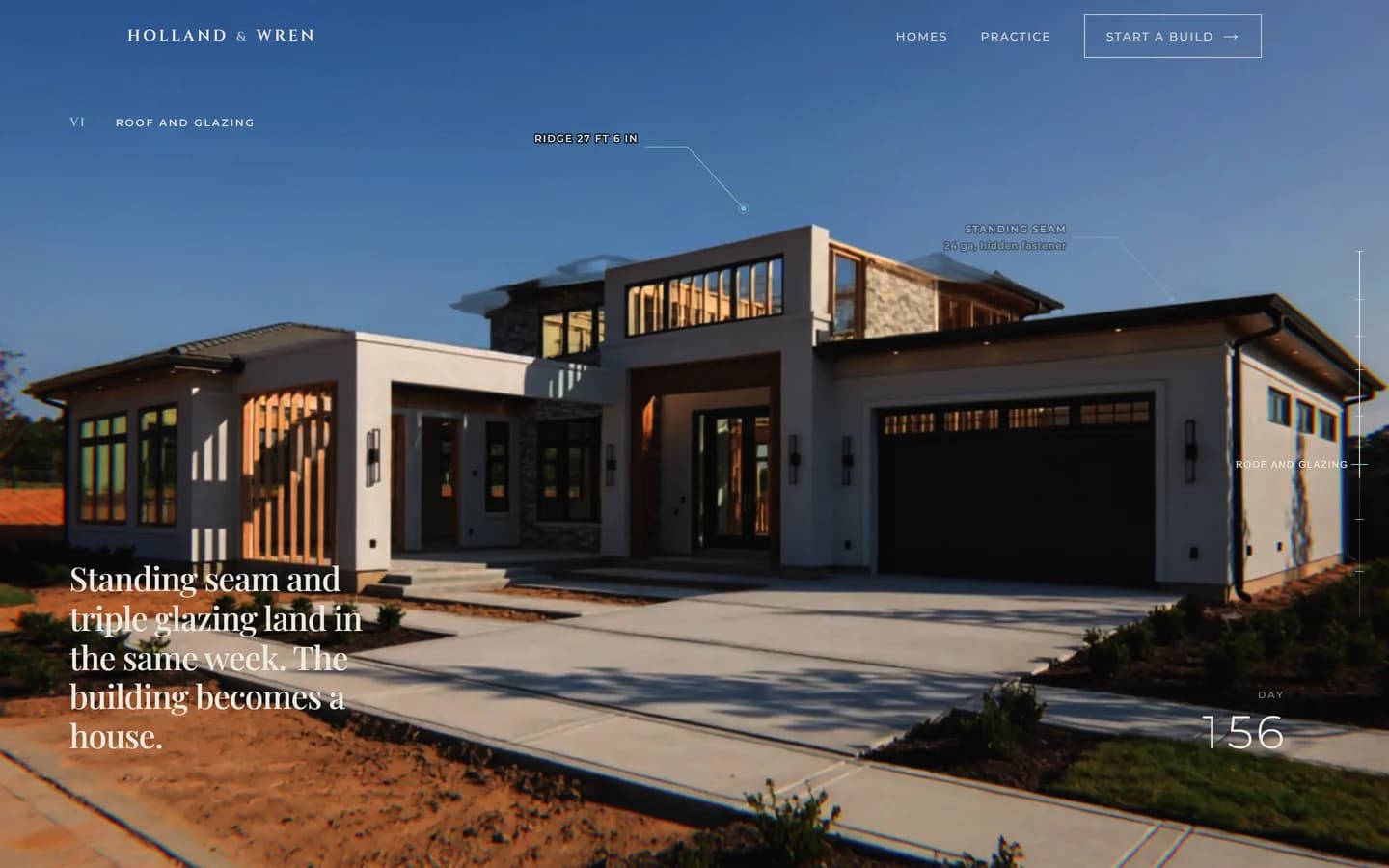 Holland & Wren homepage with a custom home under construction and pinned survey annotations