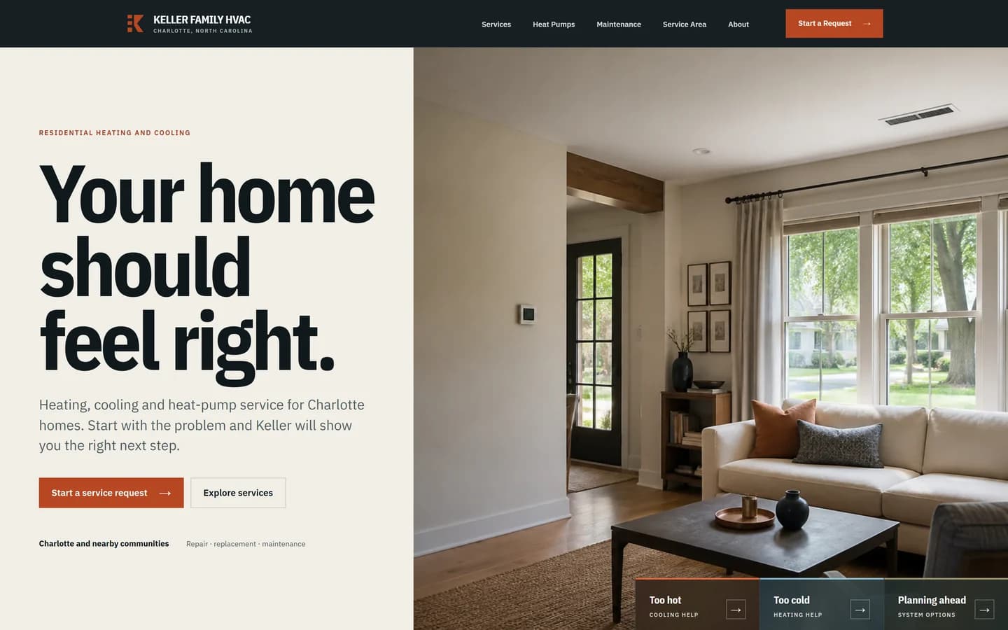 Keller Family HVAC homepage showing a warm modern home interior
