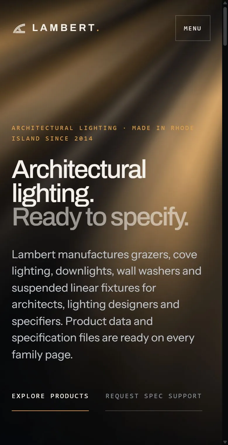 Lambert homepage arranged for a phone, with lighting imagery and product navigation.