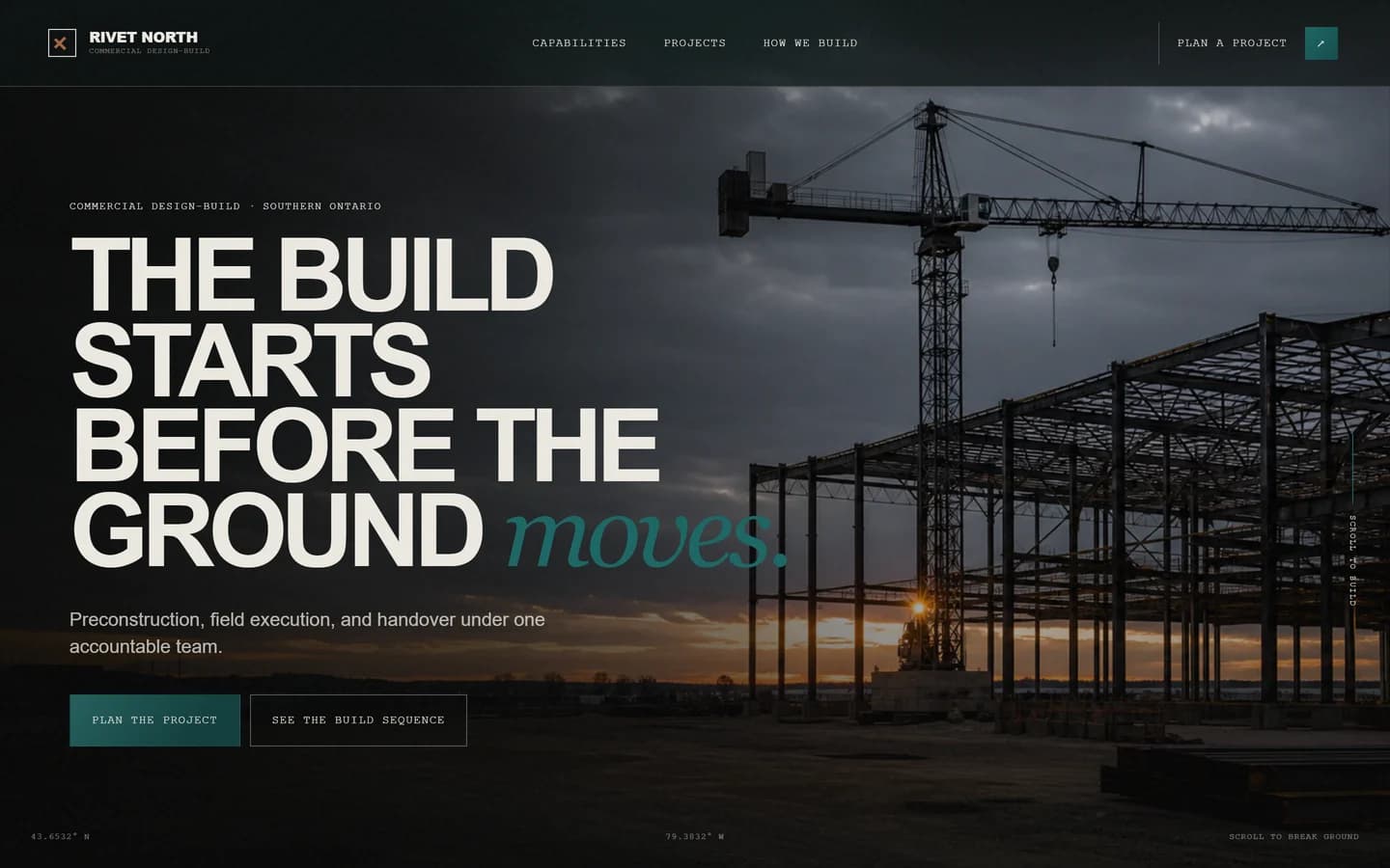 Rivet North commercial design-build homepage with a crane and steel structure at dusk