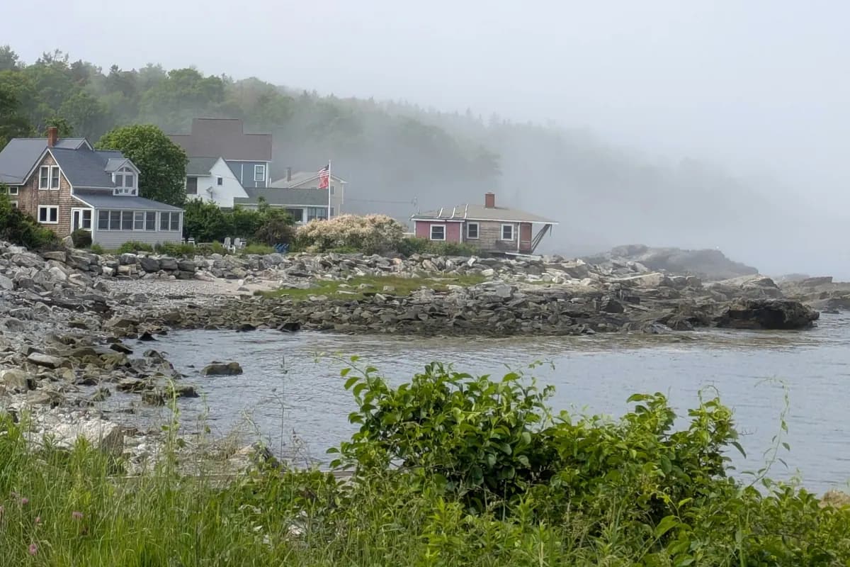 Coastal houses on a foggy Maine shoreline
