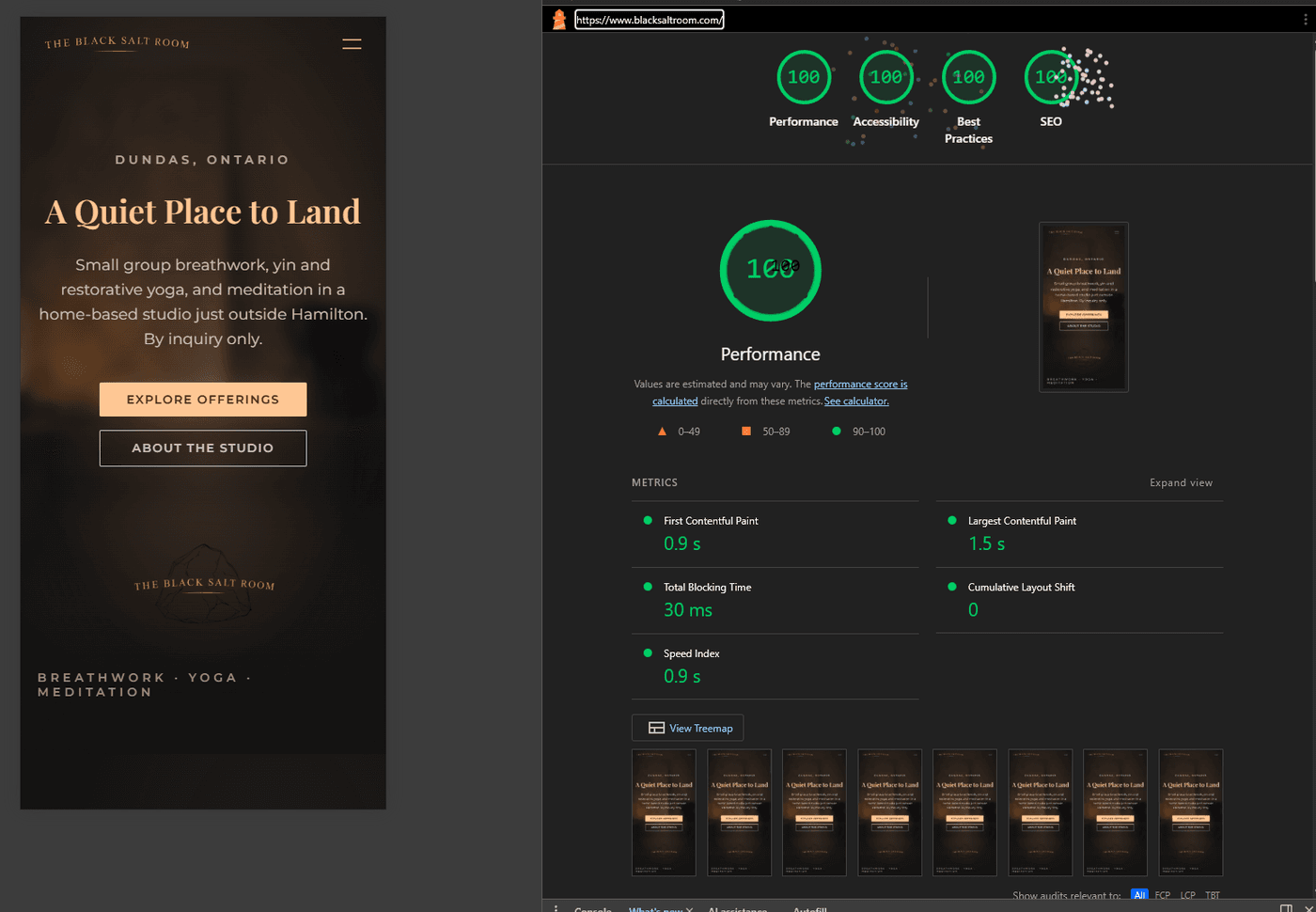 Lighthouse mobile report for blacksaltroom.com showing 100 across Performance, Accessibility, Best Practices, and SEO. First Contentful Paint 0.9 seconds, Largest Contentful Paint 1.5 seconds, Total Blocking Time 30 milliseconds, Cumulative Layout Shift 0, Speed Index 0.9 seconds.