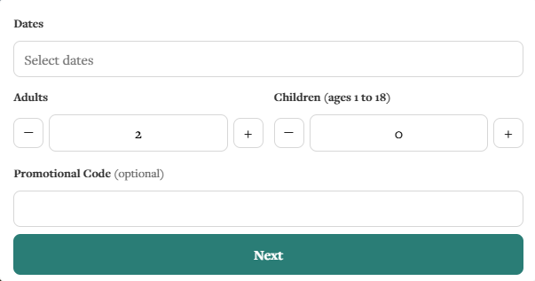 Palisades Lodge booking controls for stay dates, adults, children and an optional promotional code, followed by a Next button.