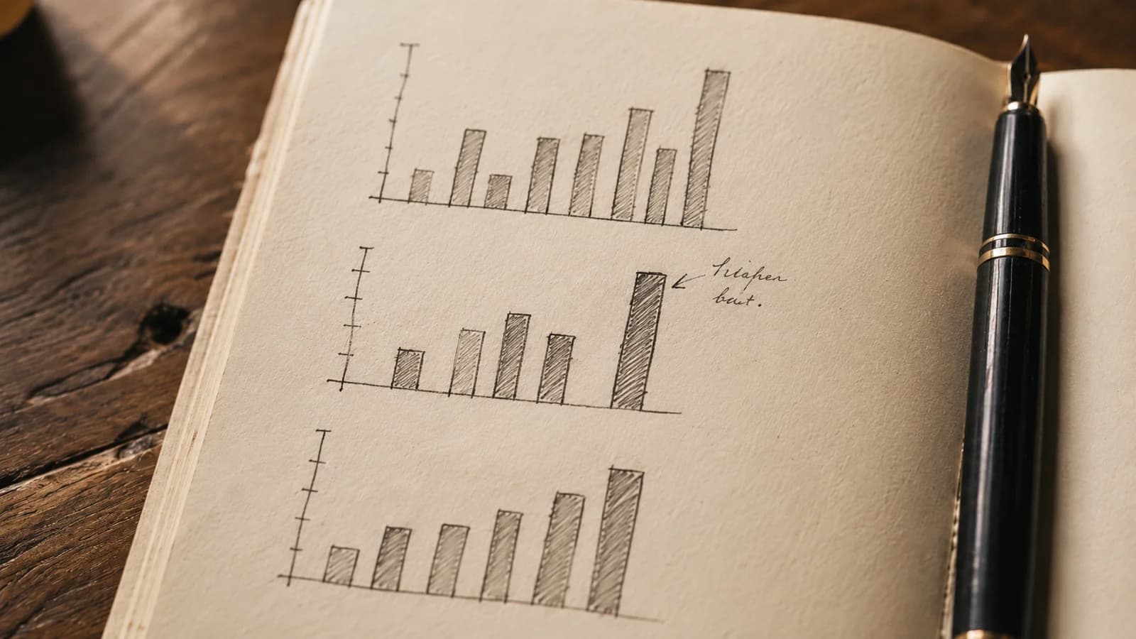 An open notebook page showing three hand-drawn bar charts in pencil and ink, with a fountain pen resting along the right edge on a wooden surface, the kind of paper-first measurement work that pairs with the dashboard data.