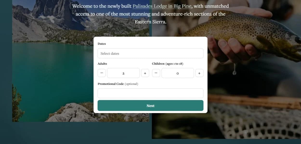 Palisades Lodge homepage with the booking bar for dates, adults, children and a promotional code over a photo of the Eastern Sierra.