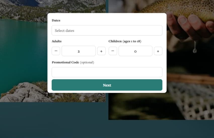 The Palisades Lodge booking interface with arrival and departure dates, adult and child controls, and a button that continues into Mews.