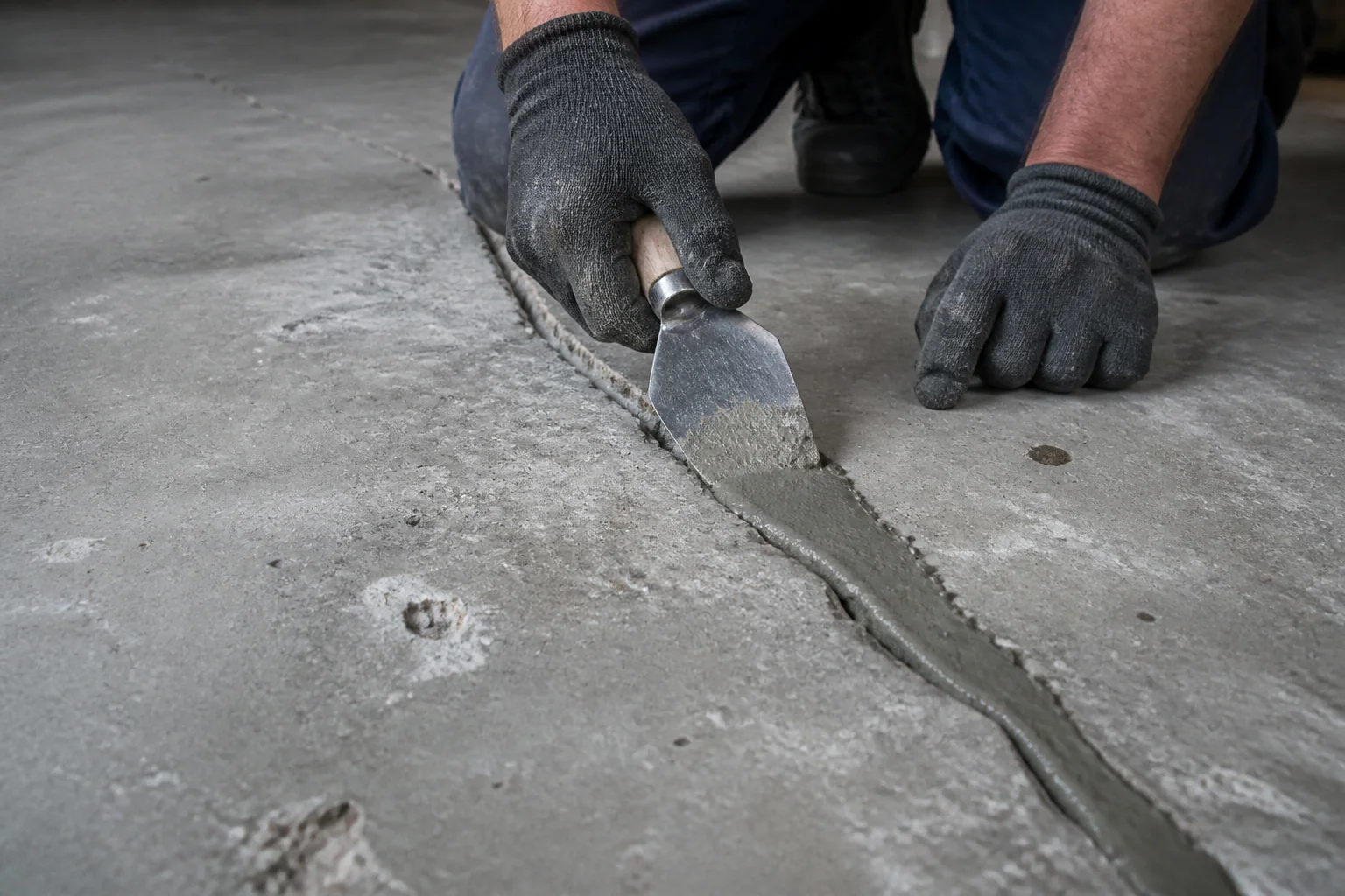 Installer repairing a routed crack in a residential garage slab