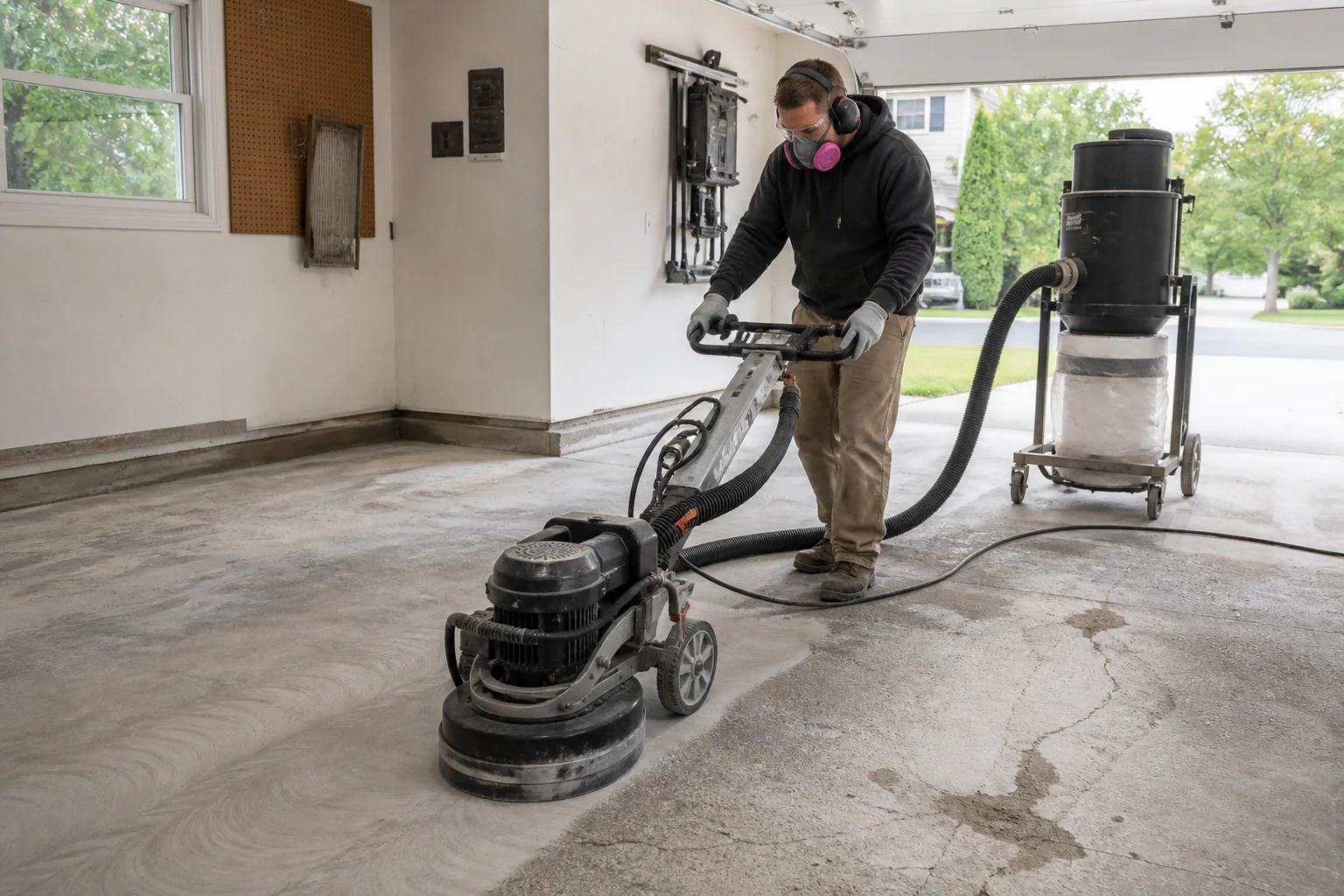 Installer mechanically grinding a residential garage floor