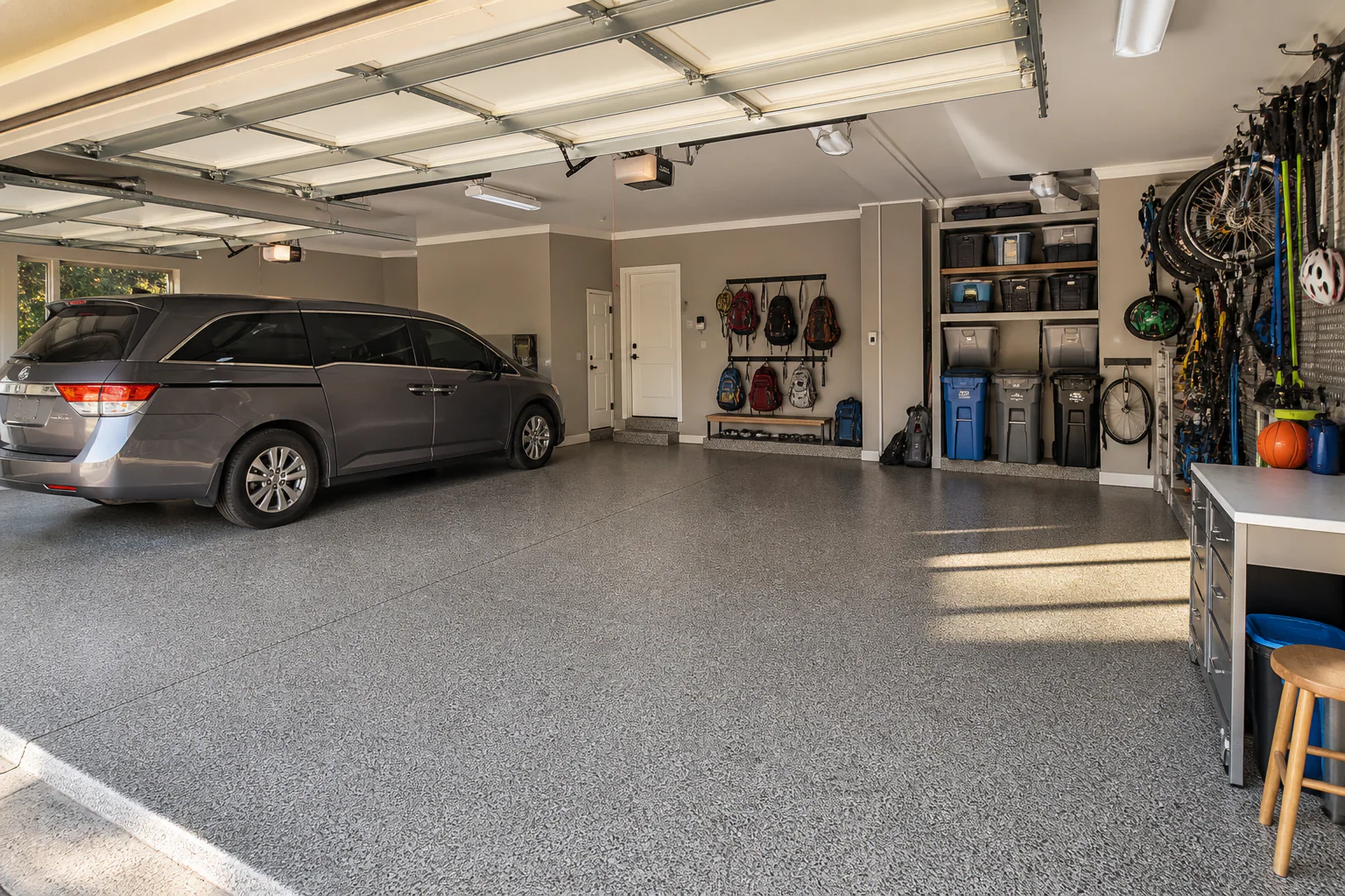 Finished family garage with organized everyday storage
