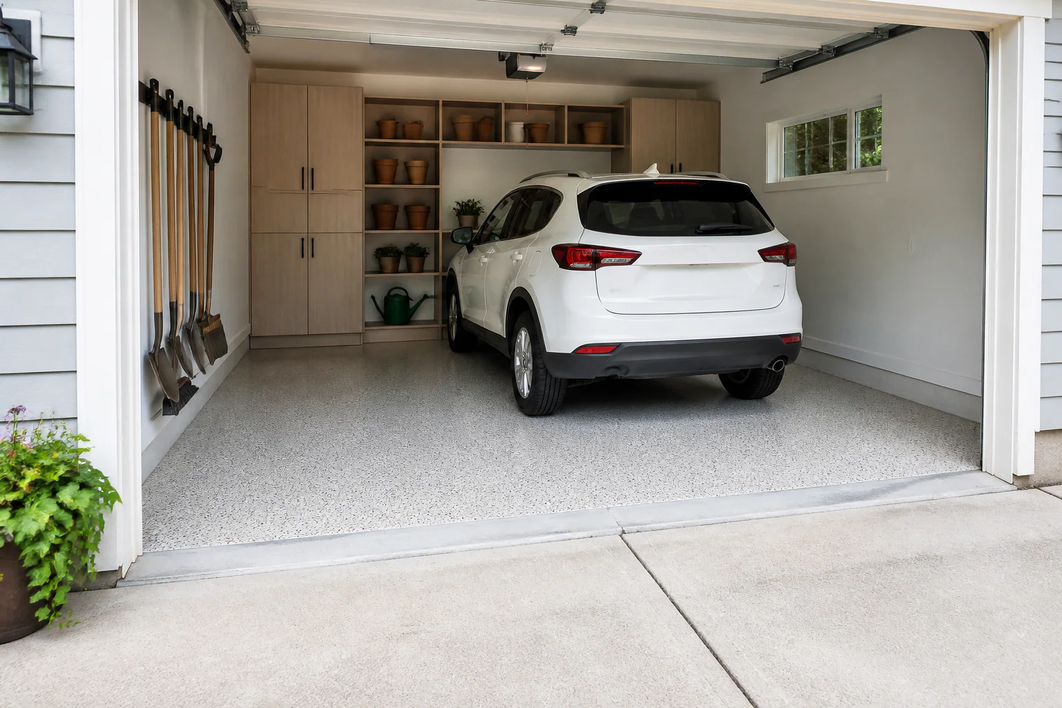 Bright single-car garage with a light stone floor coating