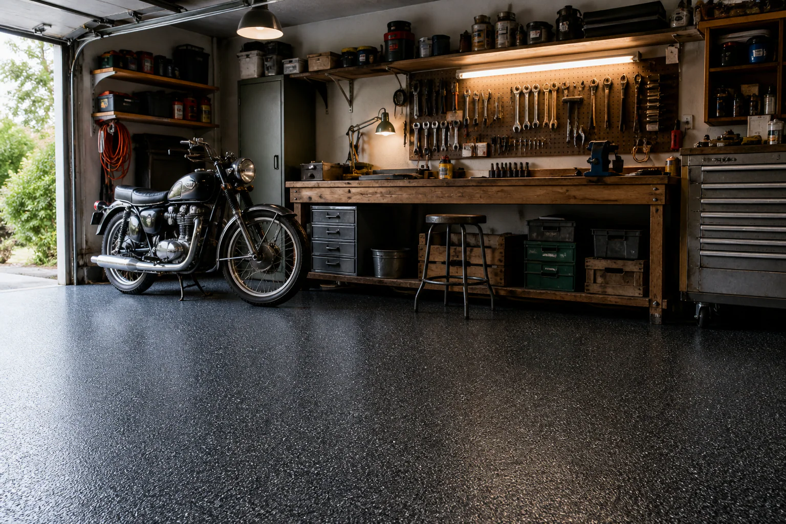 Finished residential workshop garage with a charcoal floor coating
