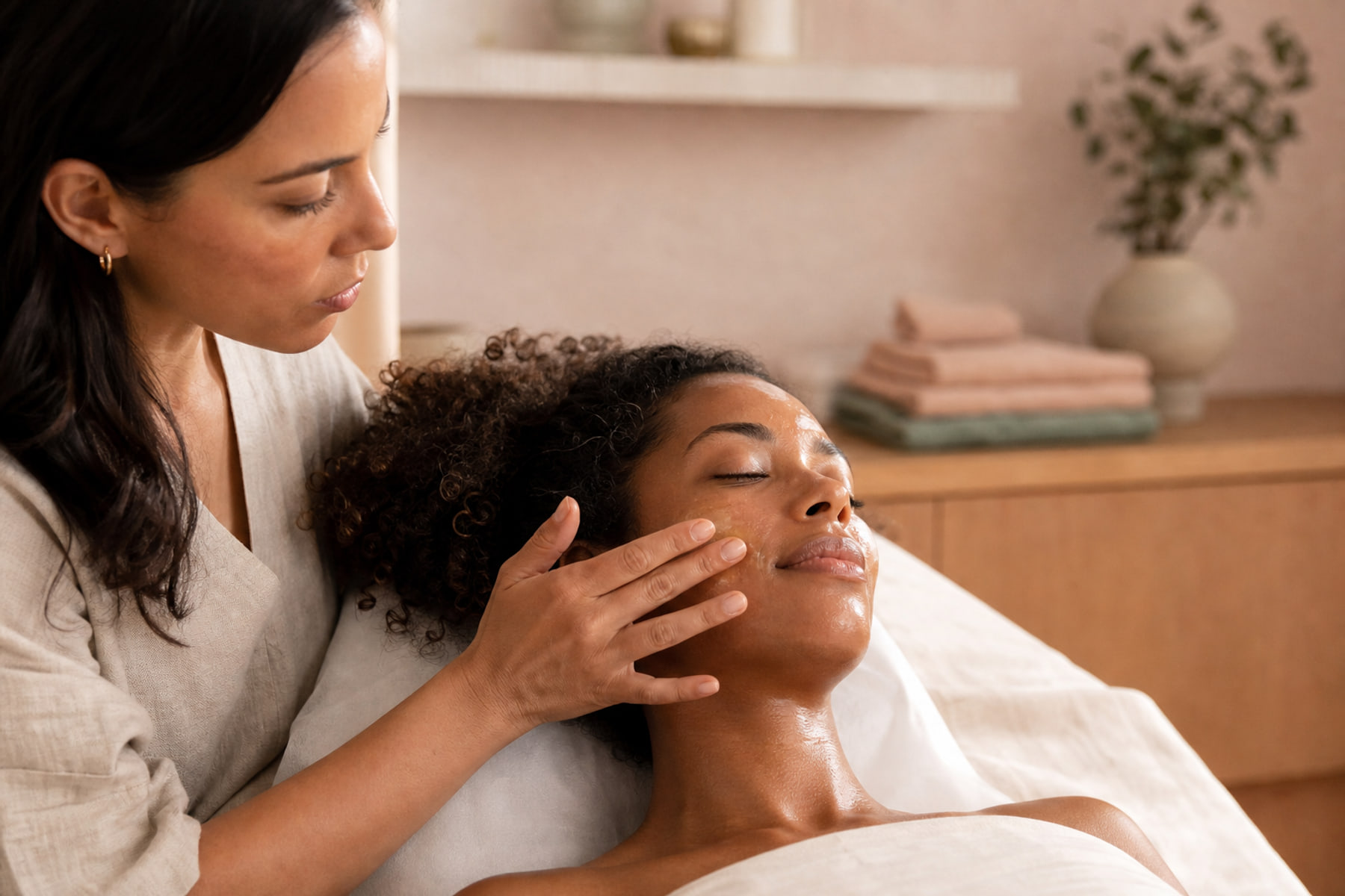 An aesthetician applying serum during a warm hydrating facial