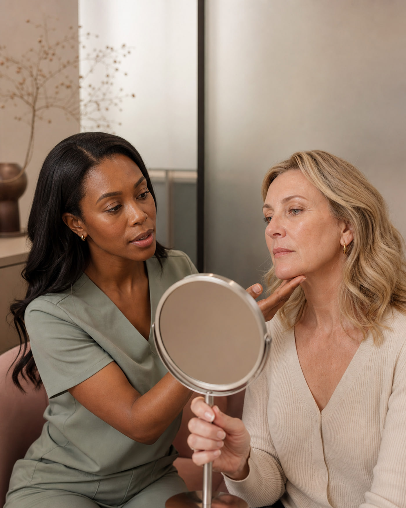 A LumaSkin practitioner and client considering facial definition in a mirror