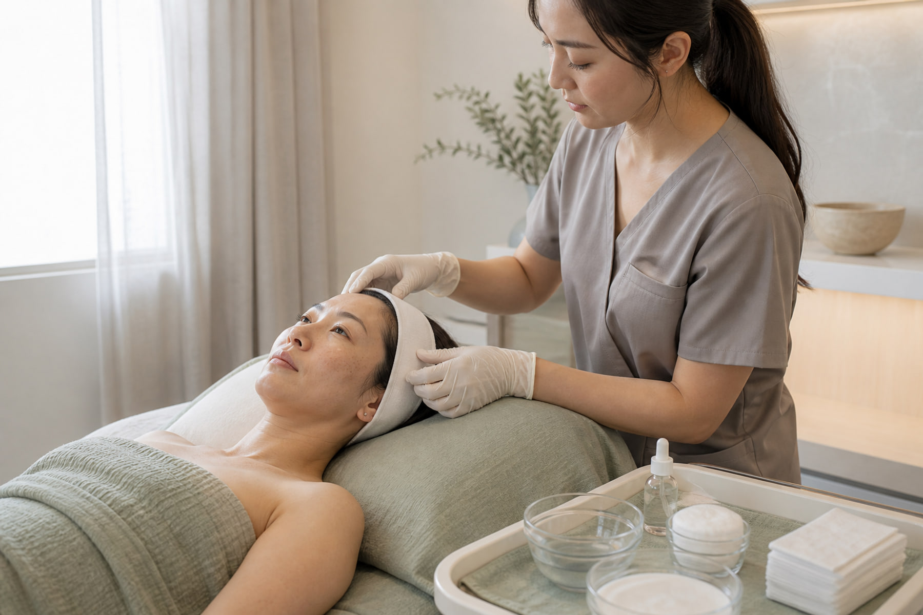 A practitioner preparing a client and sterile supplies before microneedling