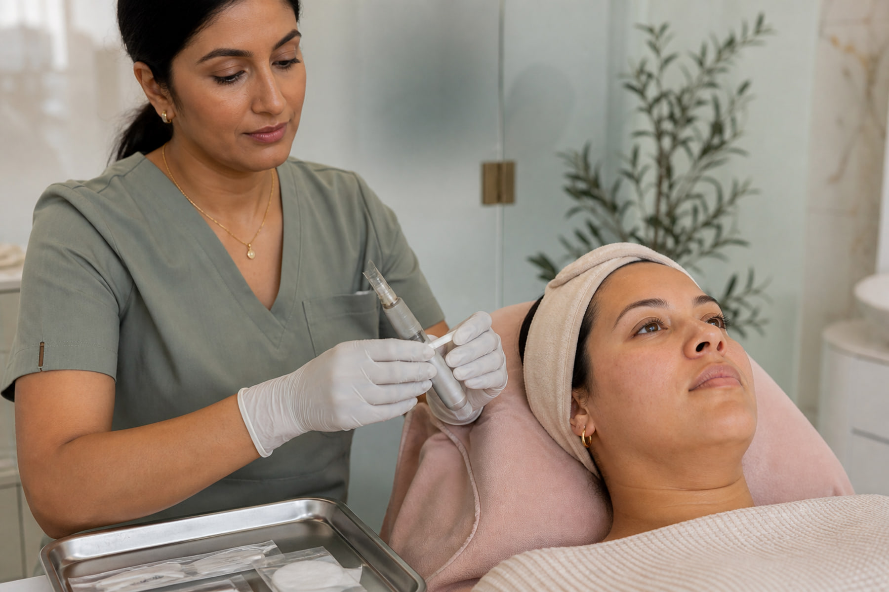 A practitioner preparing a microneedling treatment beside a client