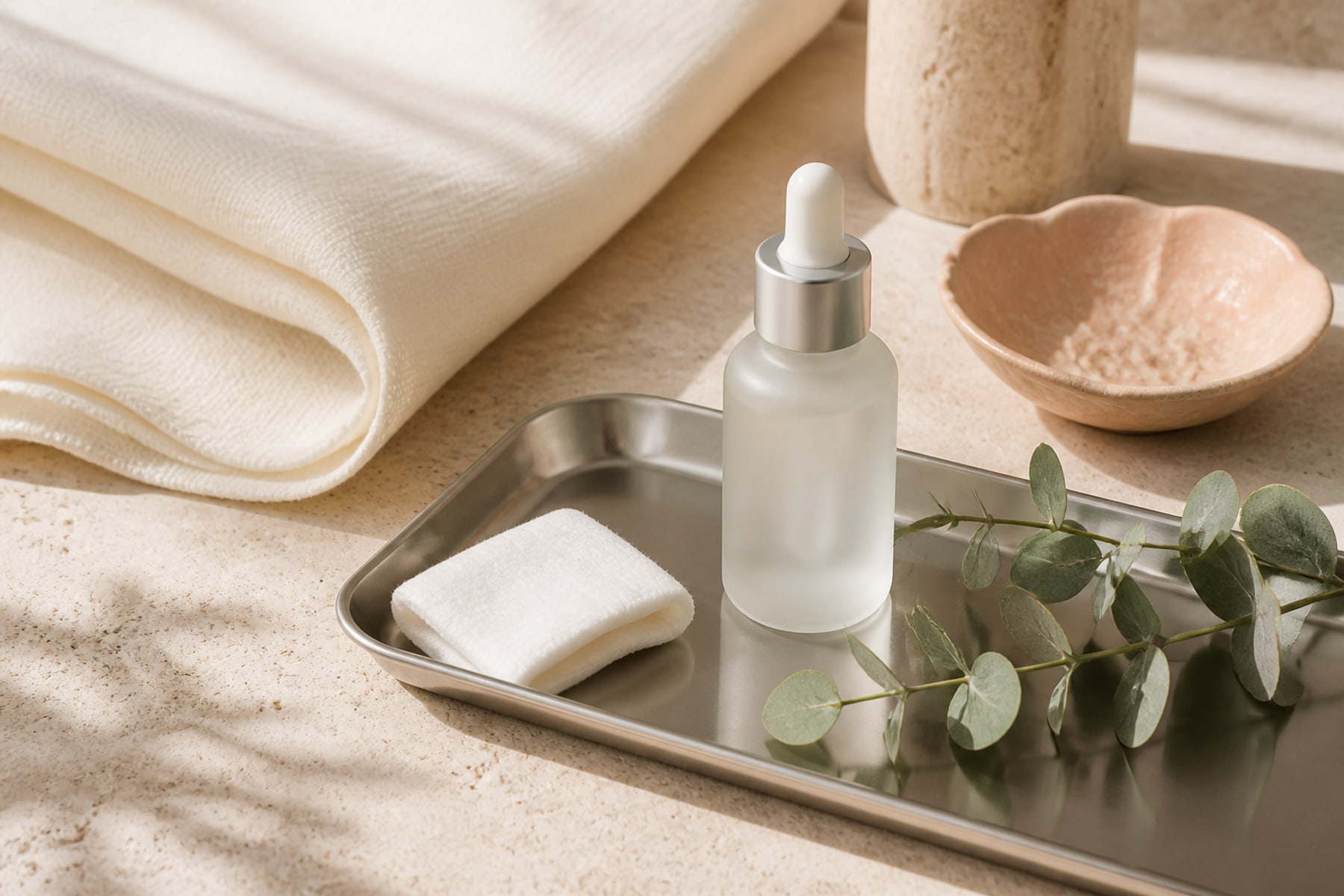 An unbranded serum, cotton, stainless tray and eucalyptus in warm morning light