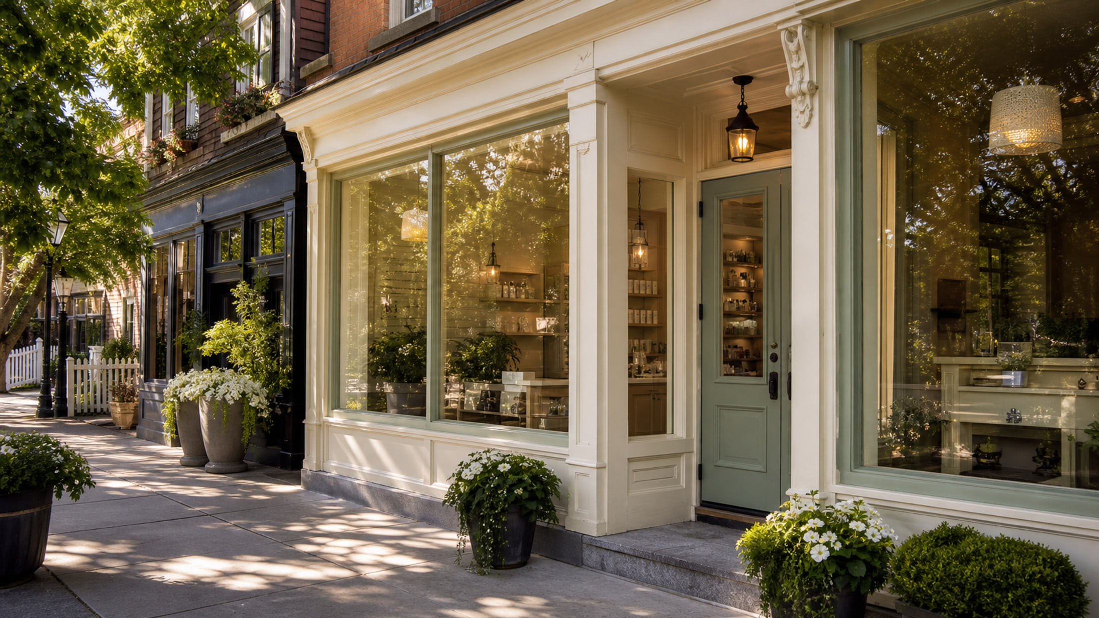 A warm ivory and sage boutique storefront on a heritage Unionville main street