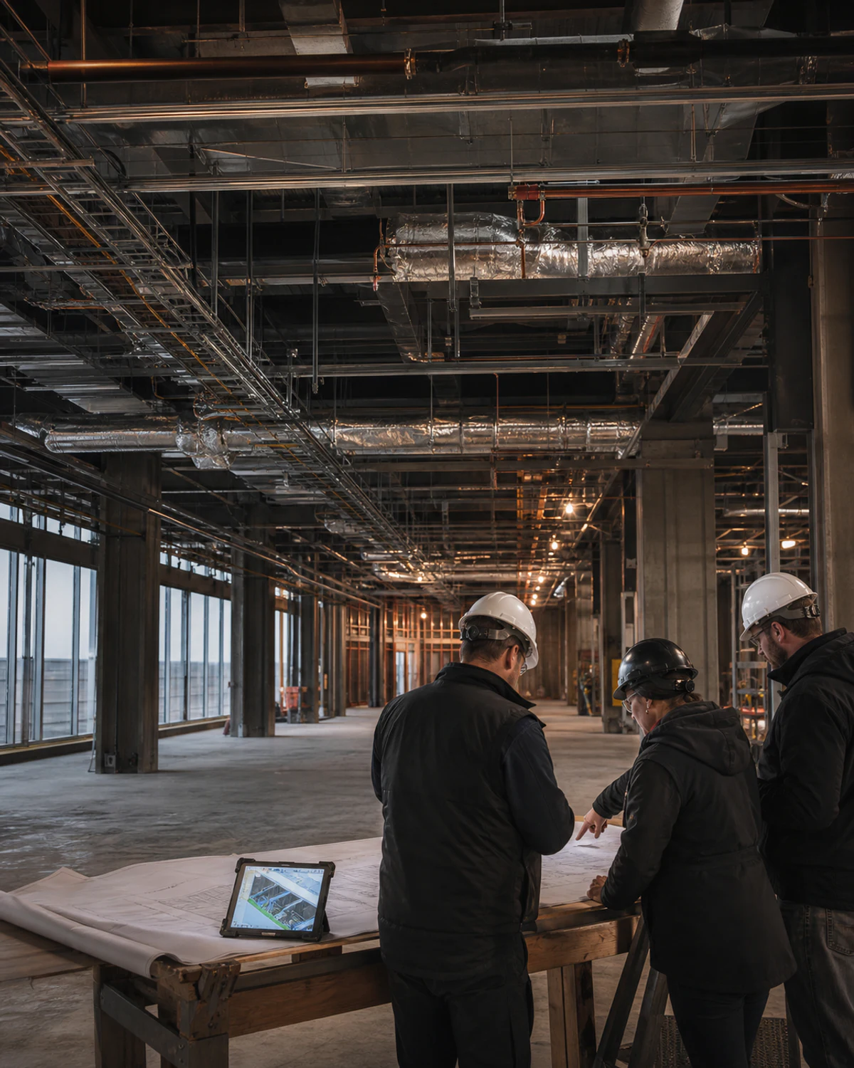 Construction team reviewing coordinated plans beneath installed building services