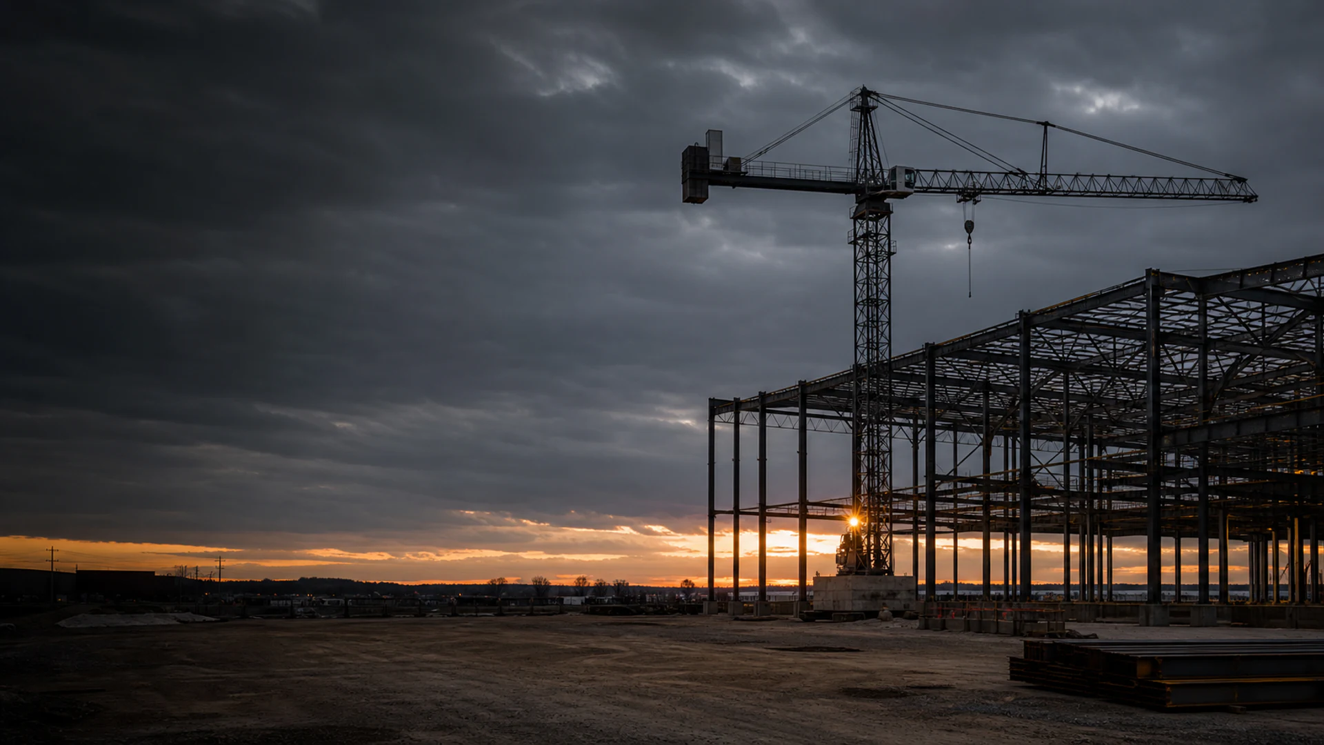 Tower crane and commercial steel structure at dusk