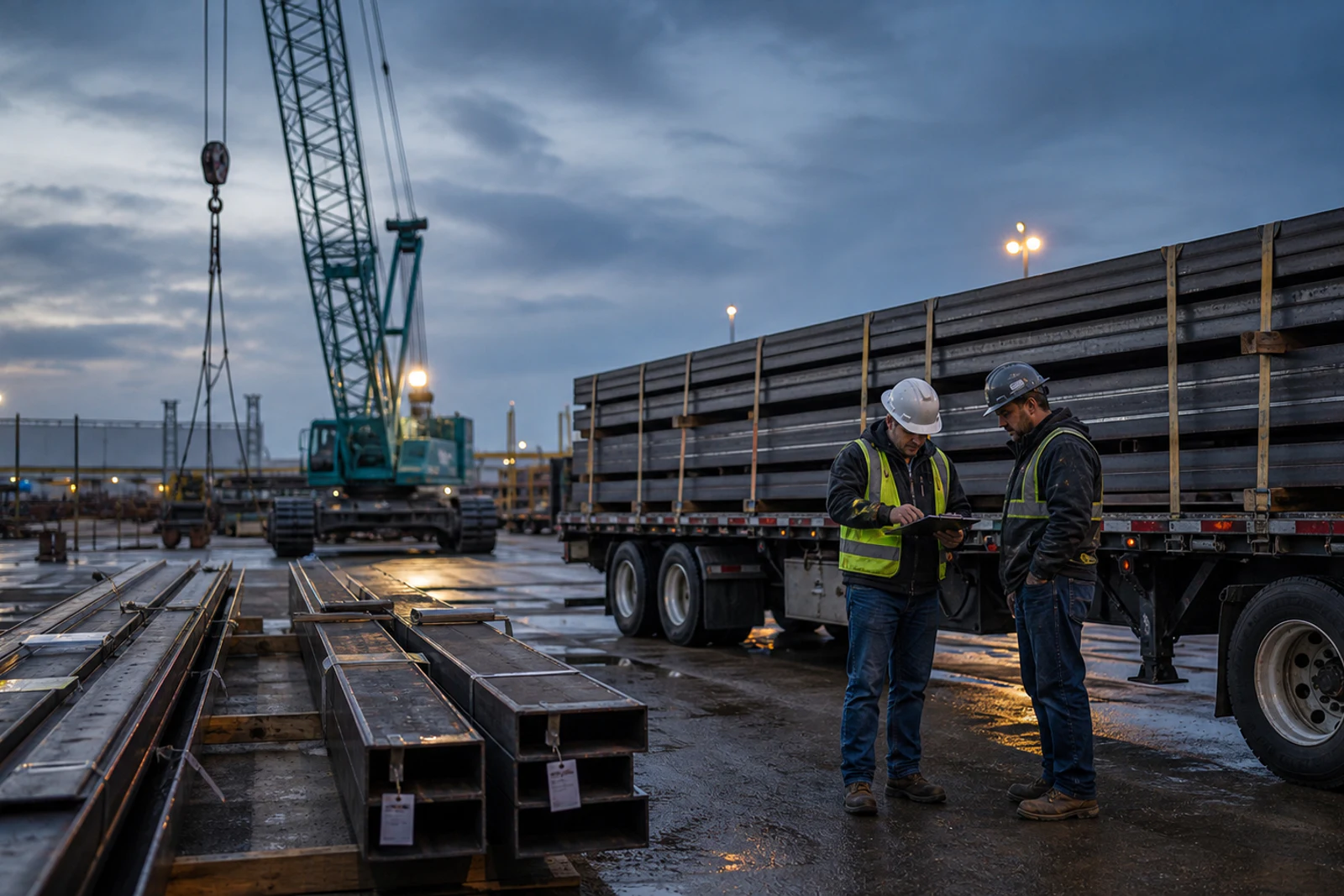 Construction team confirming sequenced structural steel delivery in a commercial laydown yard