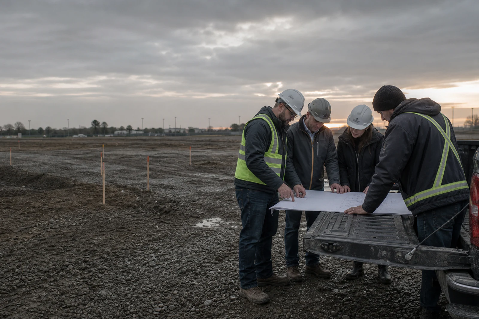 Project team defining constraints over a site plan at an undeveloped commercial property