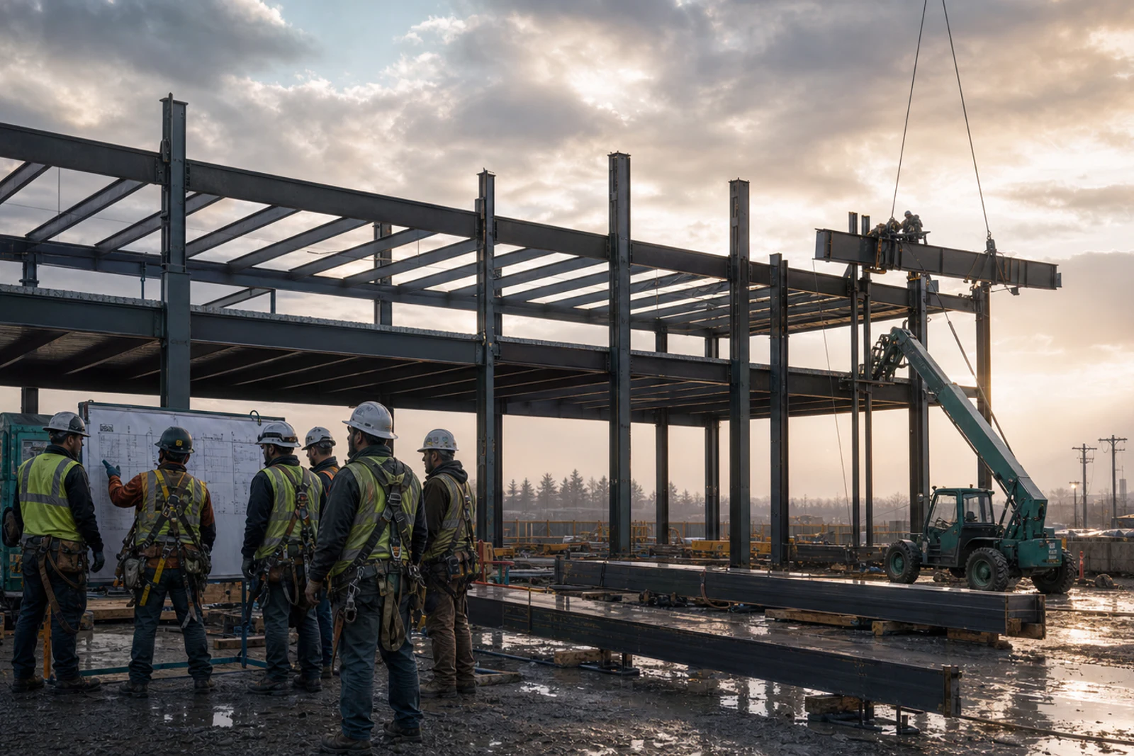 Field crew reviewing a short-interval plan during structural steel erection