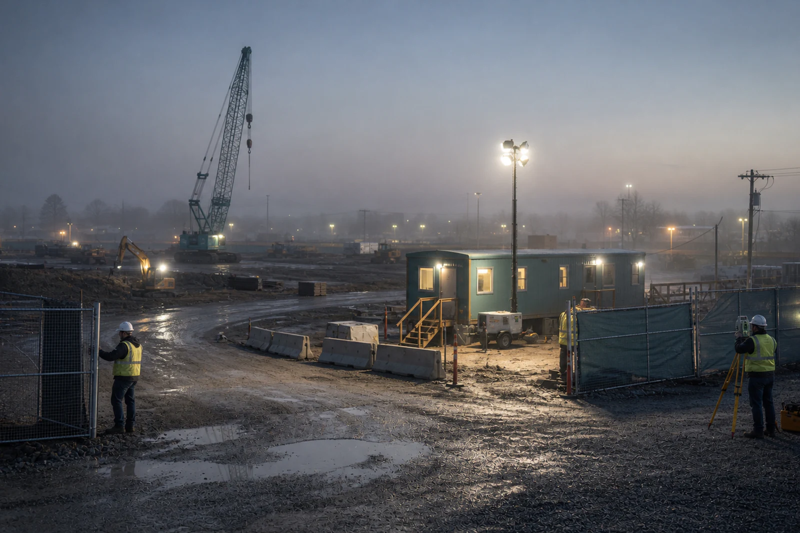 Commercial site mobilization with survey control, secure access, temporary services, and a field office