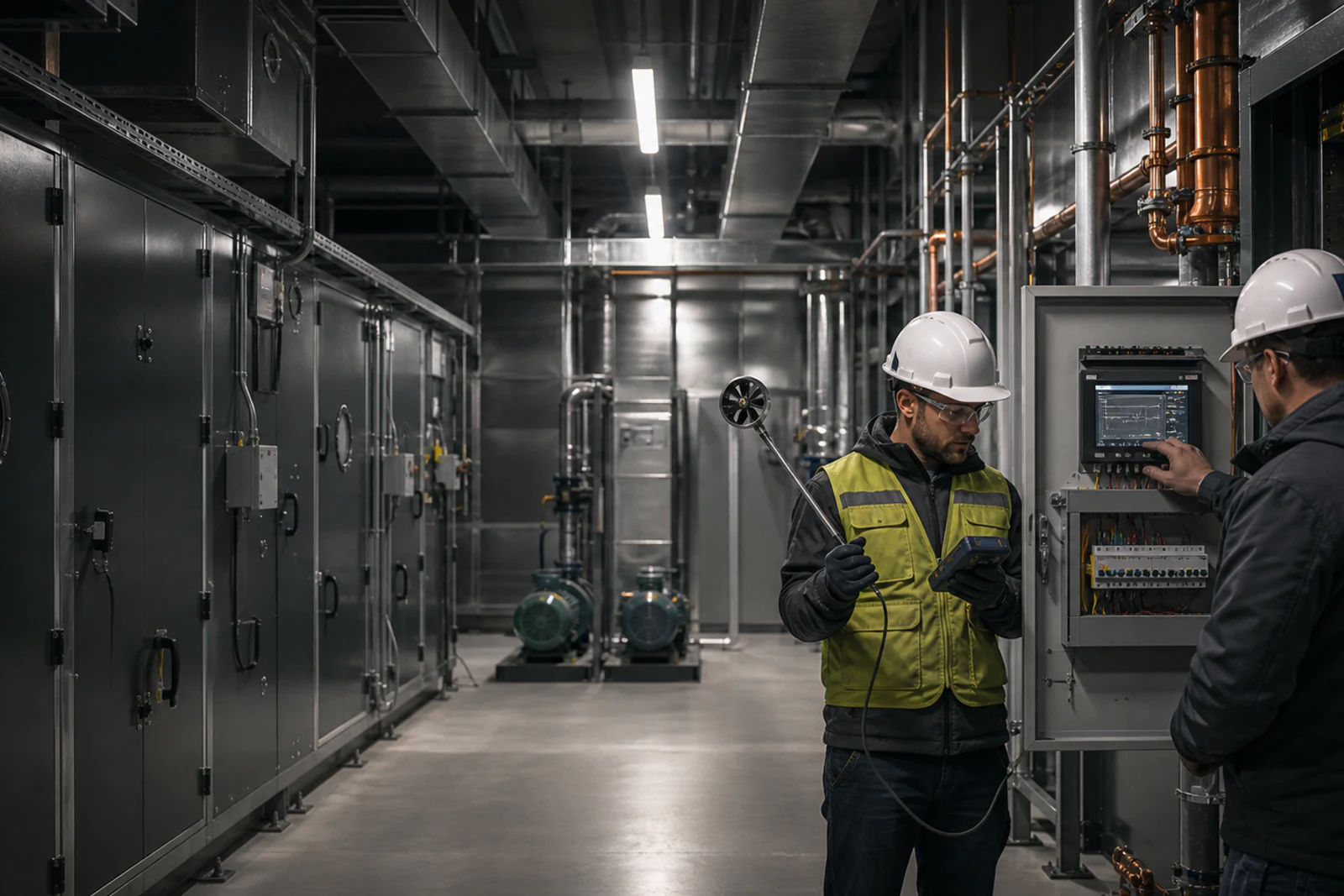 Commissioning specialists testing installed systems in a completed mechanical room