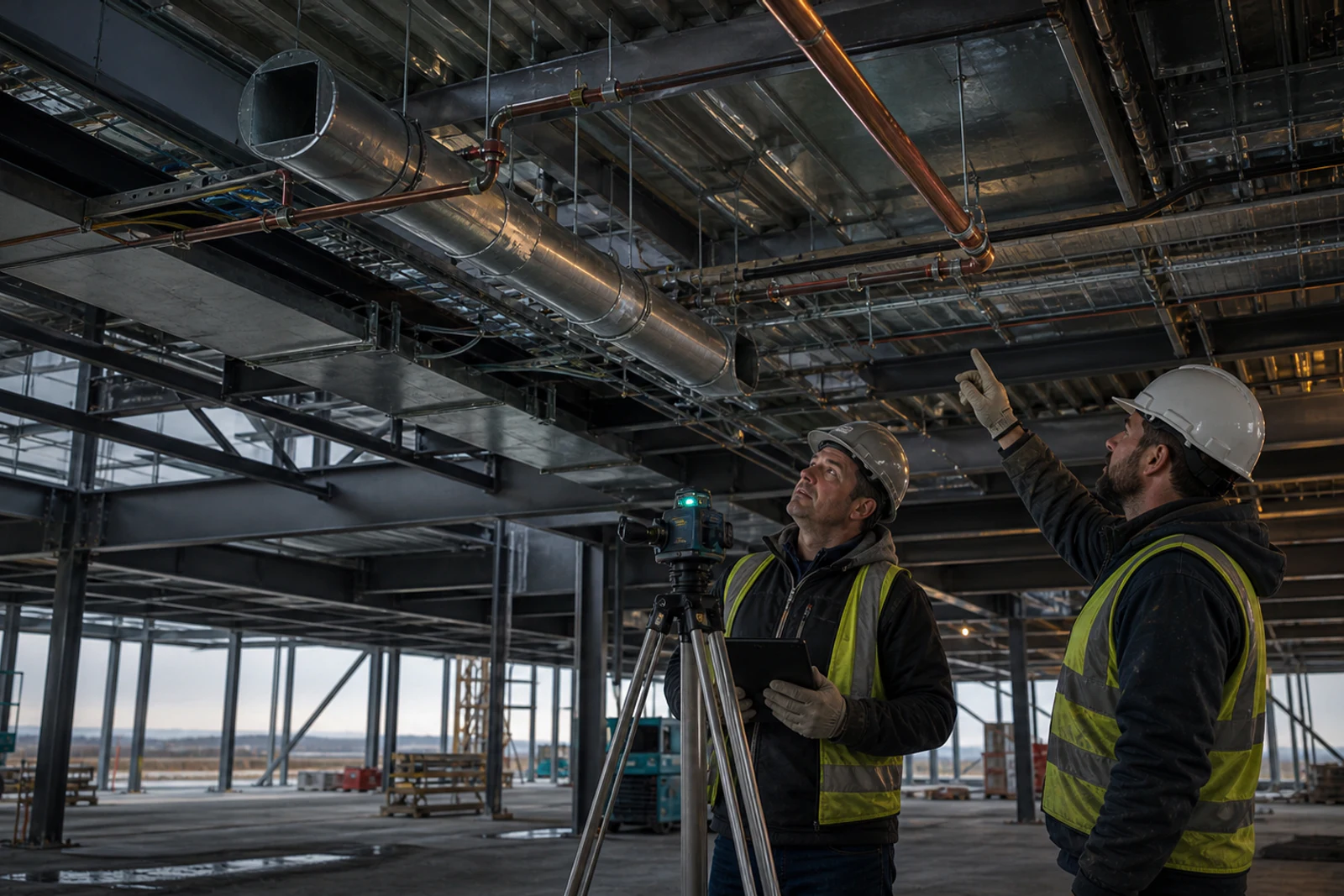 Field team verifying coordinated building services beneath a commercial steel structure