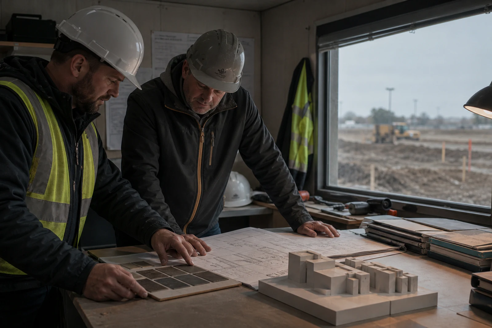 Preconstruction team testing drawings, material options, and a massing model in a site office