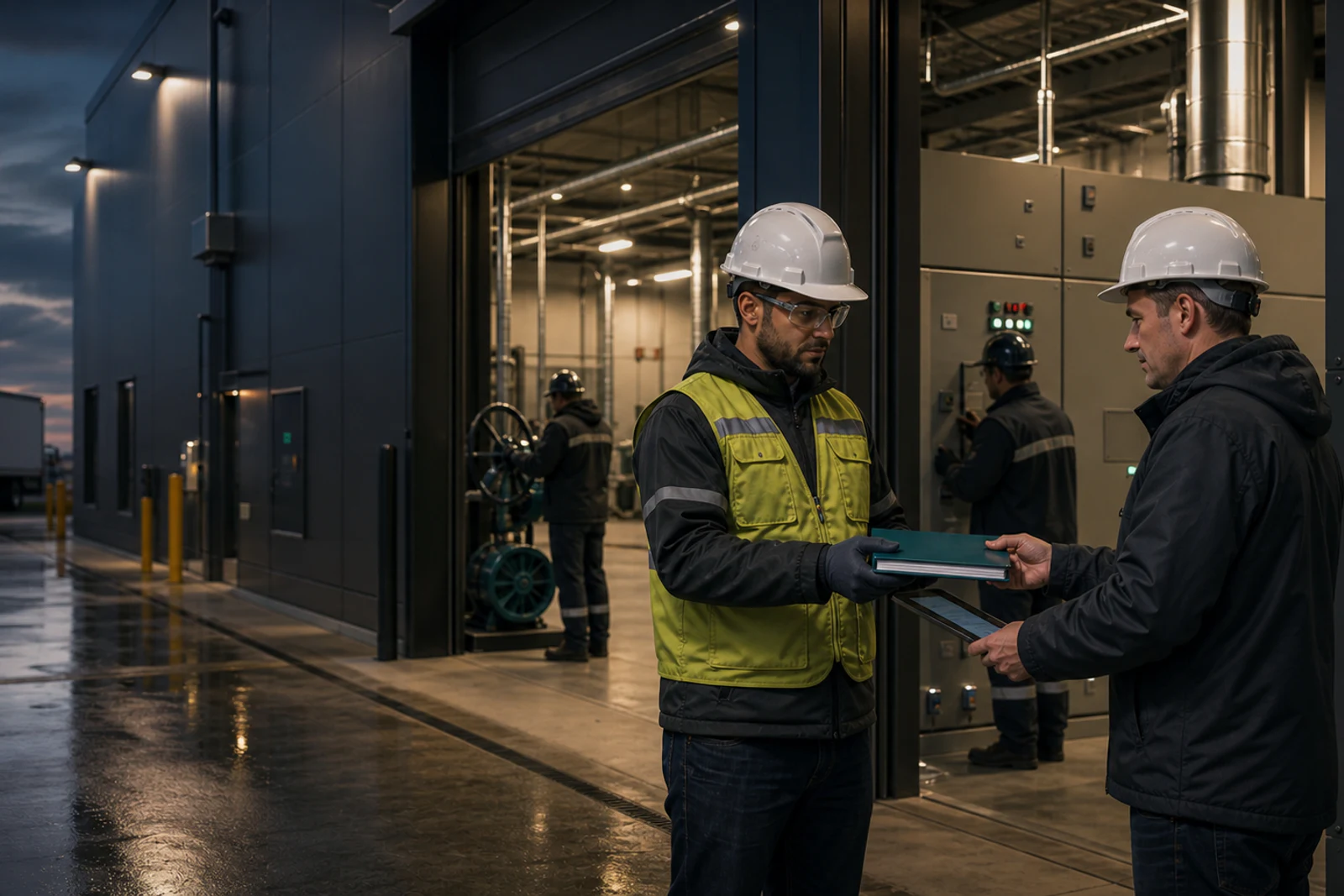 Superintendent transferring operational records to the facility team at a completed commercial building