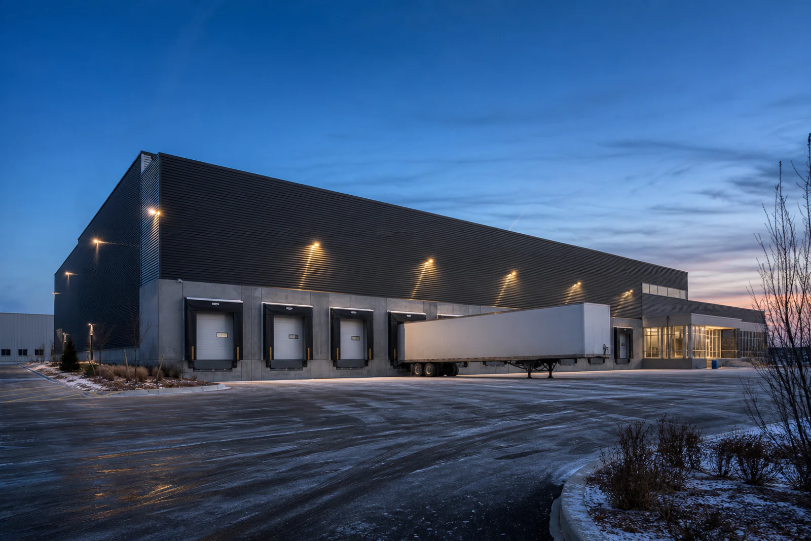Completed cold-chain distribution centre at winter dawn