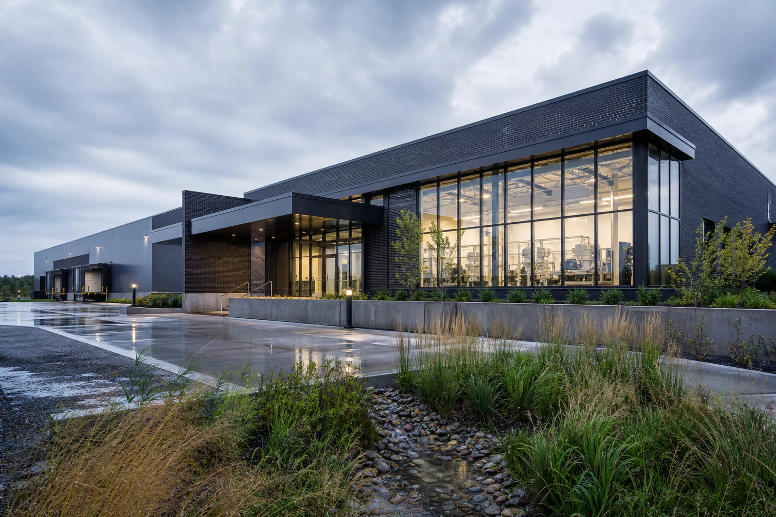 Completed advanced manufacturing and research facility after rain
