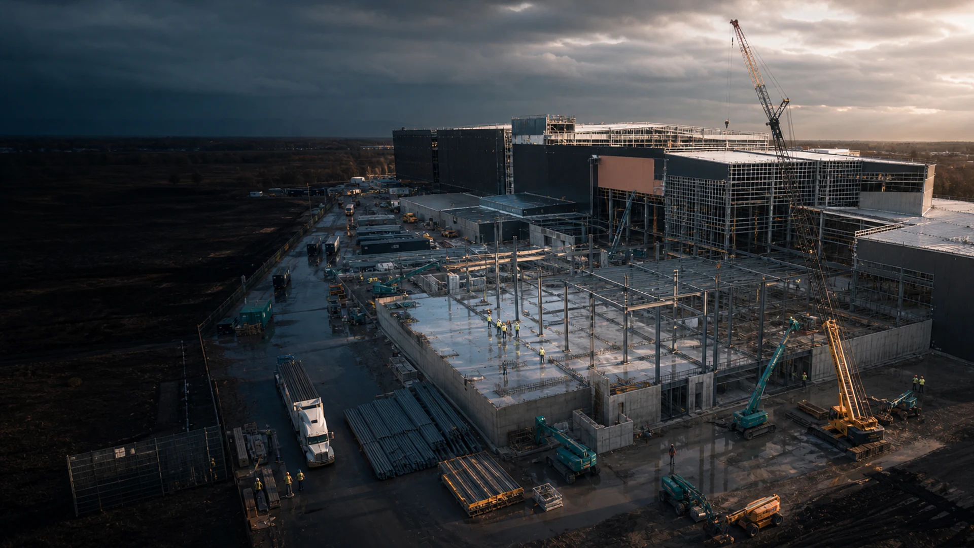 A coordinated commercial project with structure, envelope, logistics, and field operations underway