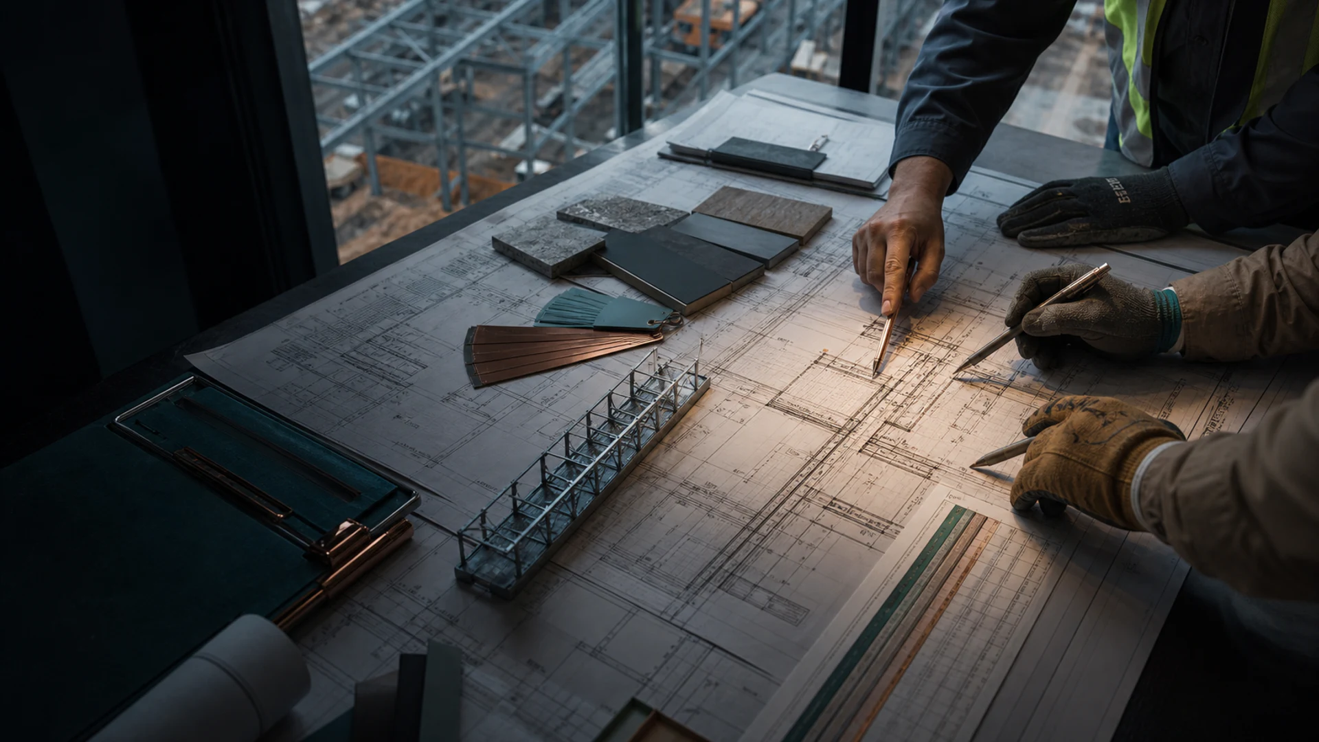 Construction disciplines coordinating material and structural decisions over project drawings