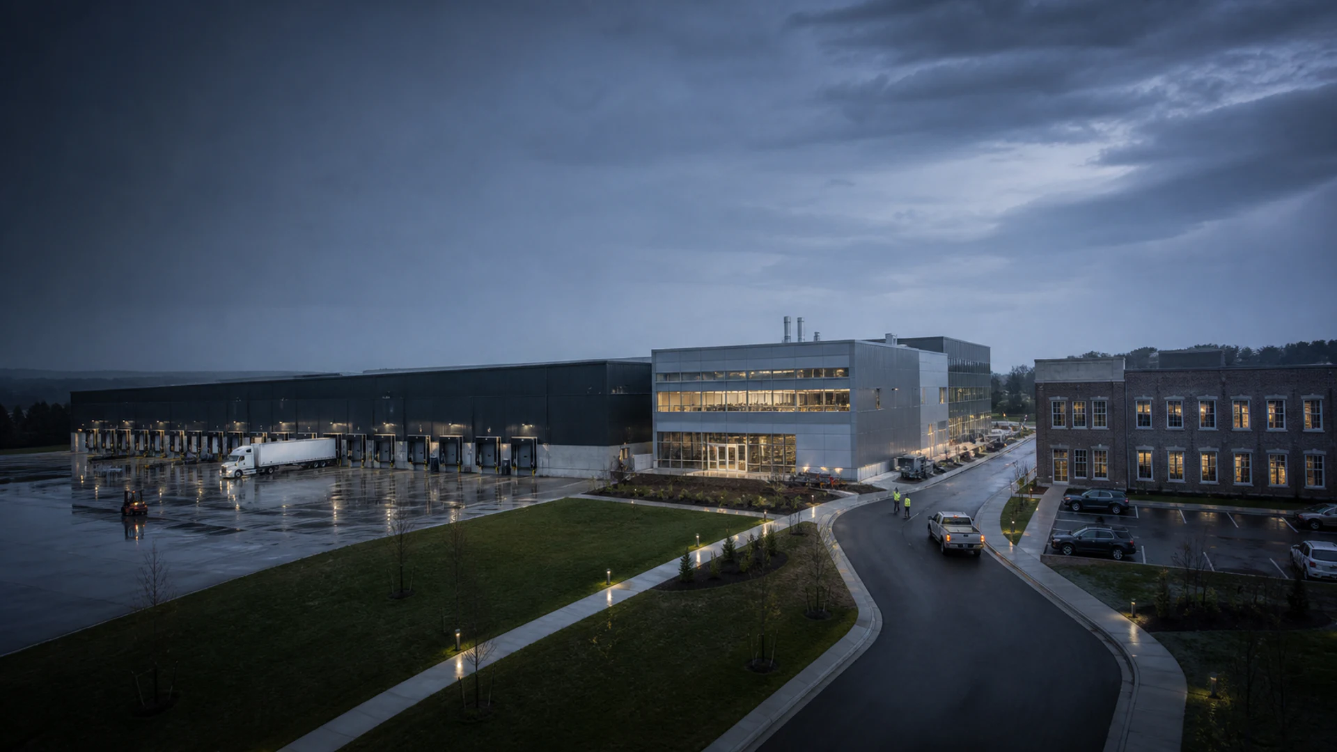 Contemporary commercial campus combining logistics, manufacturing, and renewed masonry buildings