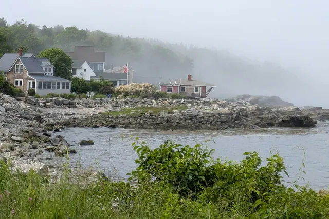 Coastal houses on a foggy shoreline