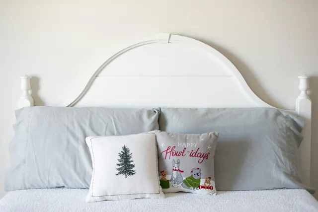 A bed with a white headboard and two pillows